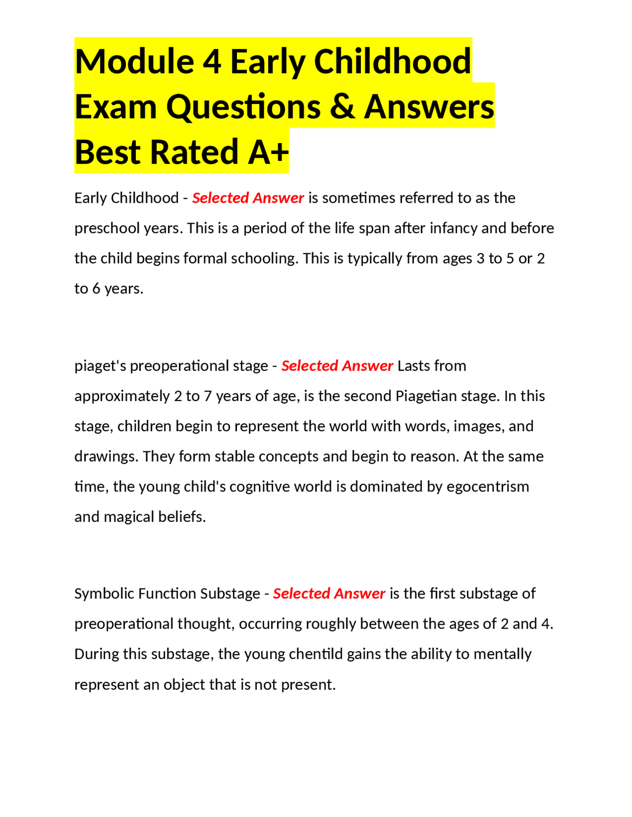 Module 4 Early Childhood Exam Questions & Answers Best Rated A+ Exams