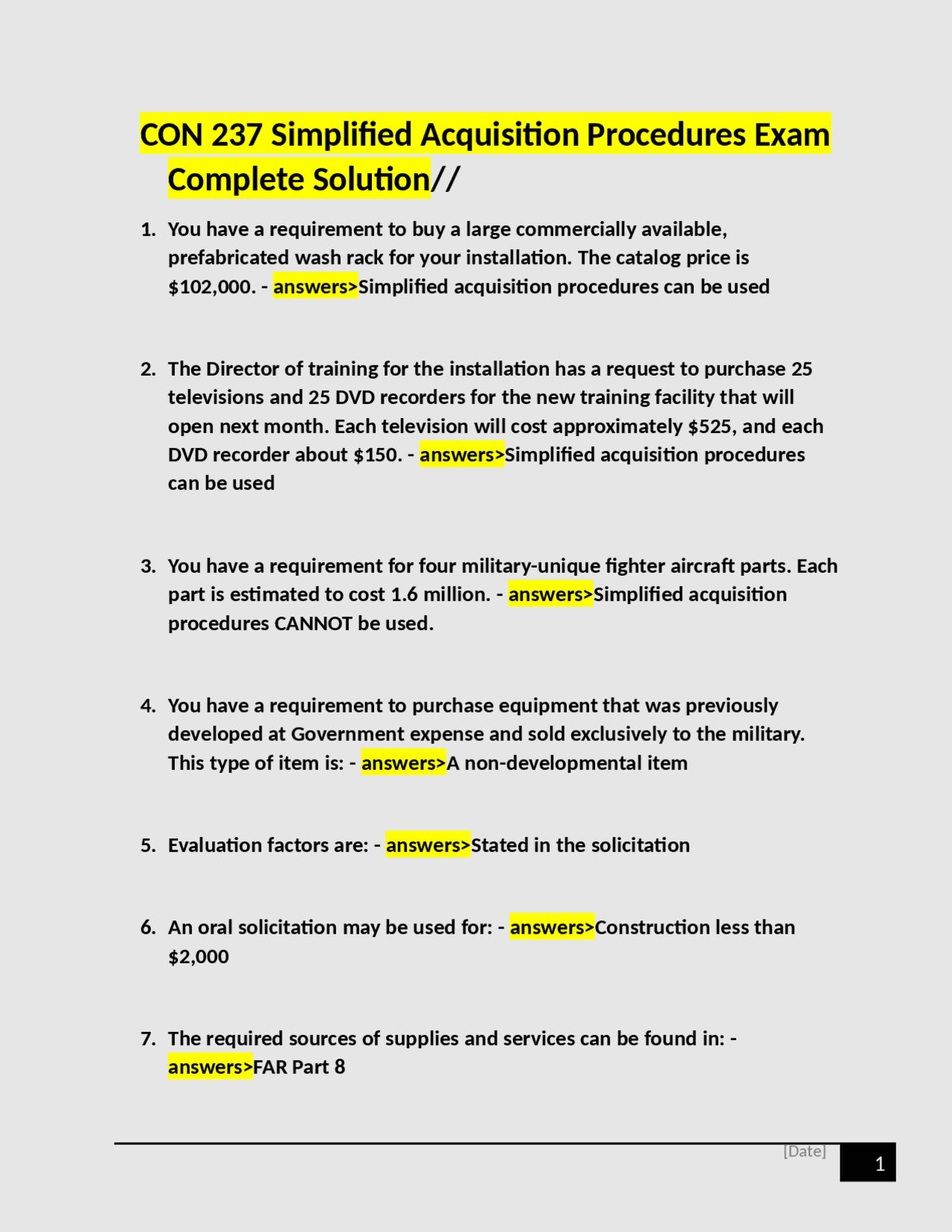 CON 237 Simplified Acquisition Procedures Exam Complete Solution Con 237 Simplified Acquisition Procedures Exam Complete Solution