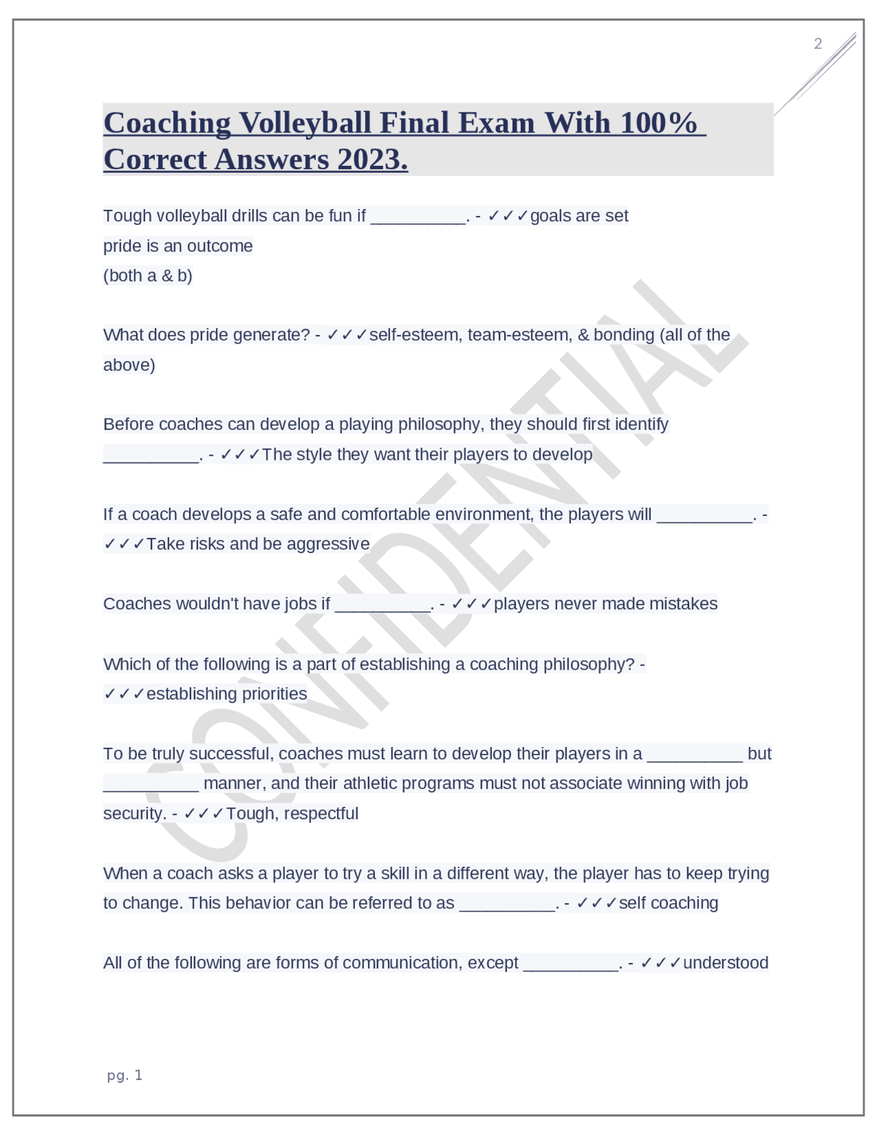 Coaching Volleyball Final Exam With 100 Correct Answers 2023. Exams