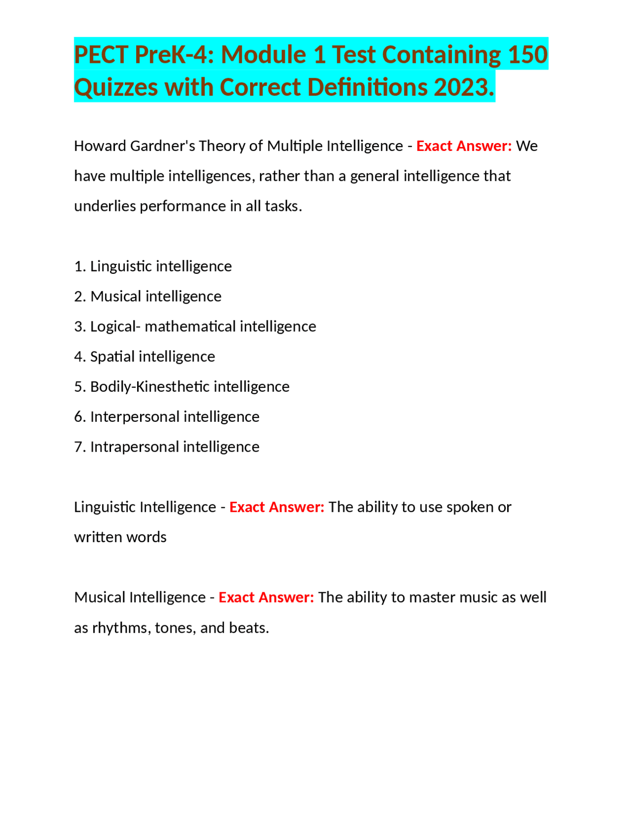 PECT PreK-4: Module 1 Test Containing 150 Quizzes with Correct ...