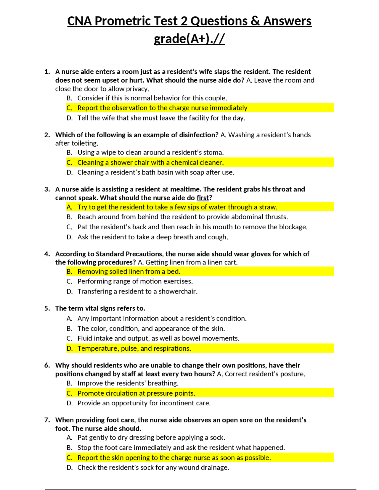 CNA FINAL EXAM/ 100 answered questions for CNA exam 2022/Certified