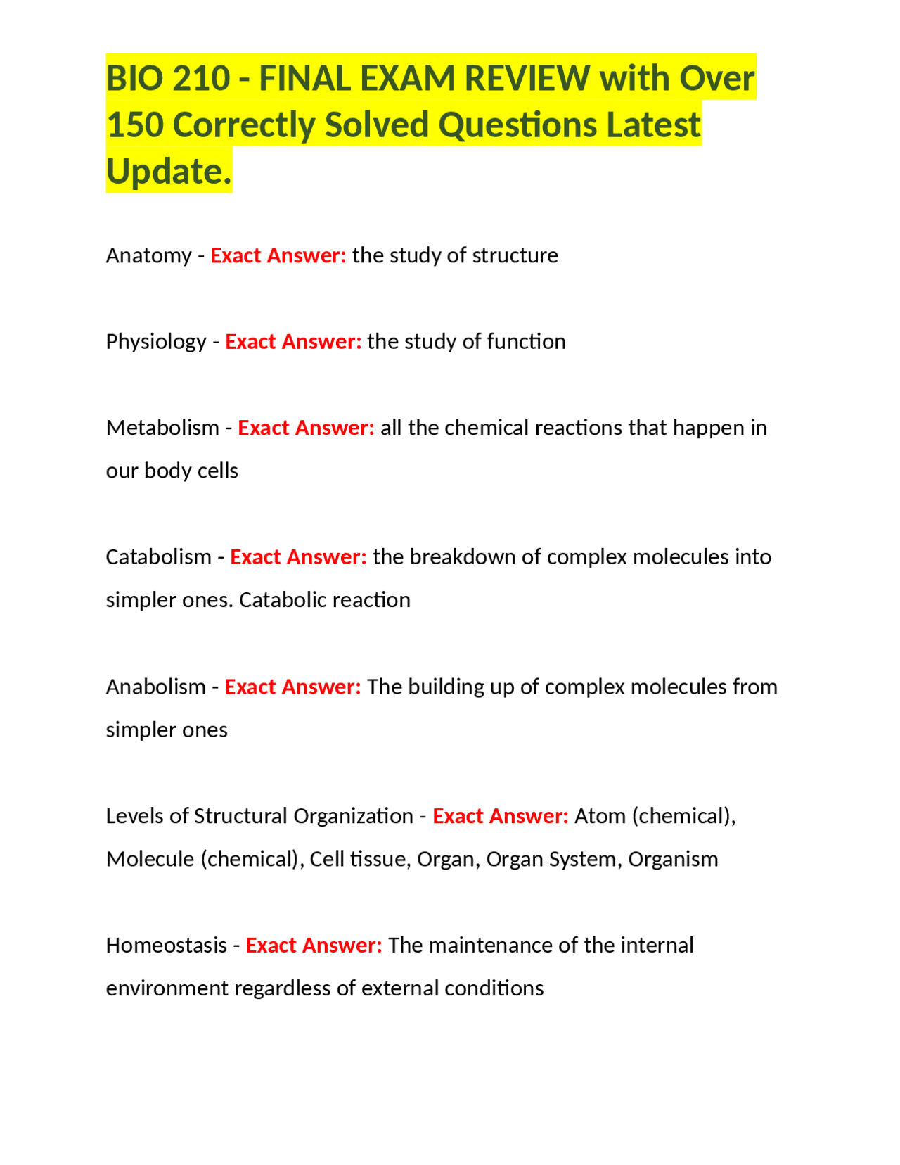 BIO 210 - FINAL EXAM REVIEW with Over 150 Correctly Solved Questions ...