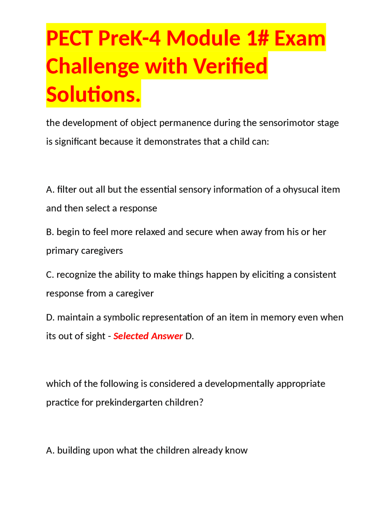 PECT PreK-4 Module 1# Exam Challenge with Verified Solutions. | Exams ...