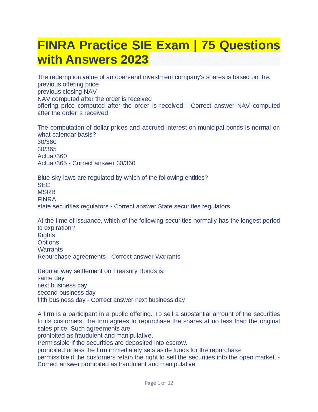 FINRA Practice SIE Exam | 75 Questions with Answers 2023 | Exams Law ...
