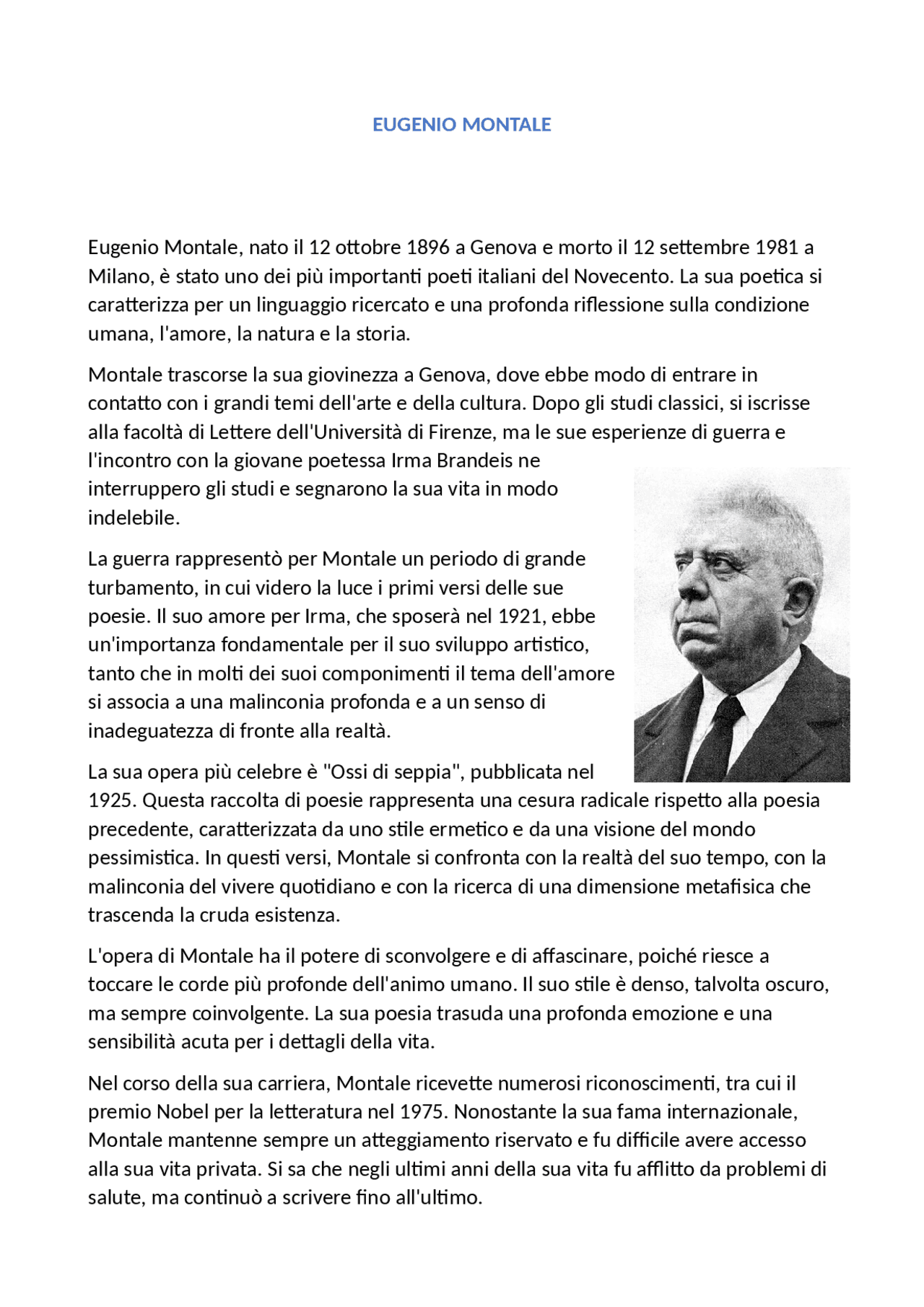 Riassunto su Eugenio Montale Schemi e mappe concettuali di Italiano