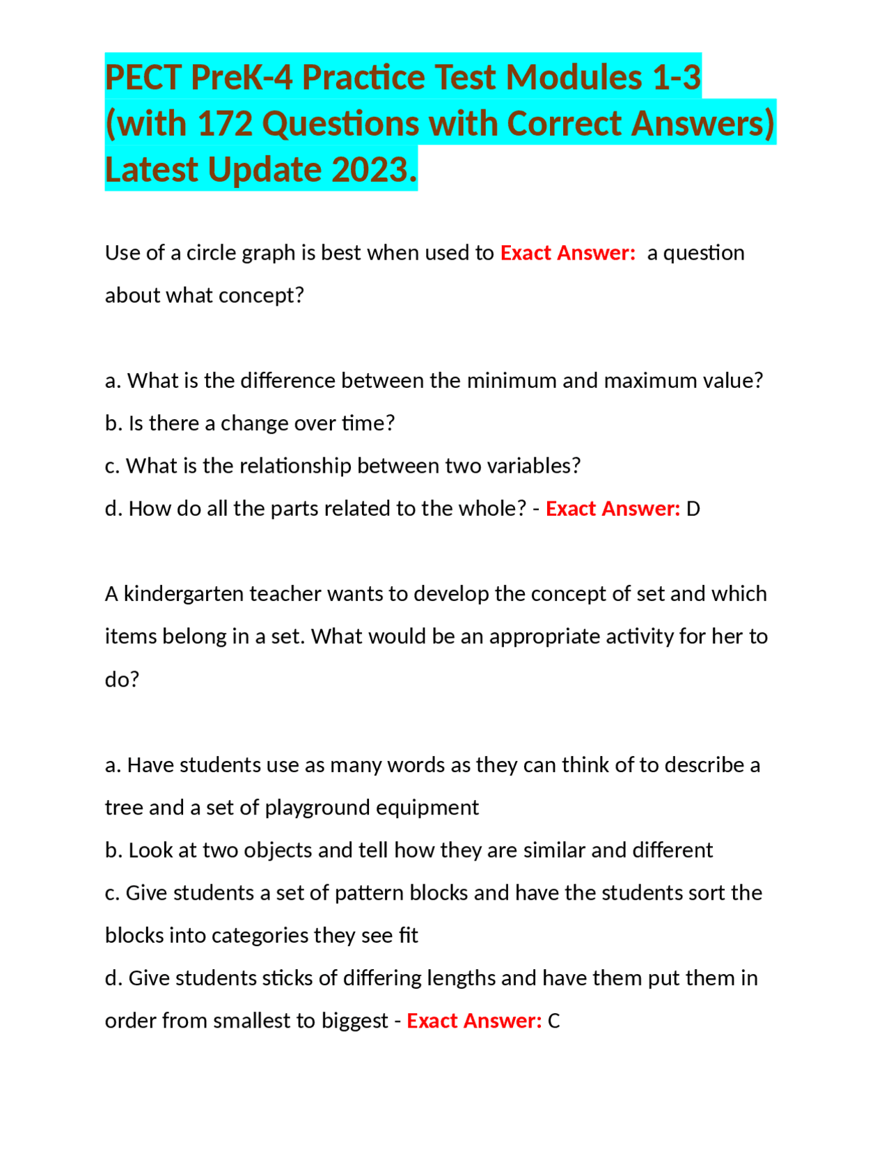 PECT PreK-4 Practice Test Modules 1-3 (with 172 Questions with Correct ...