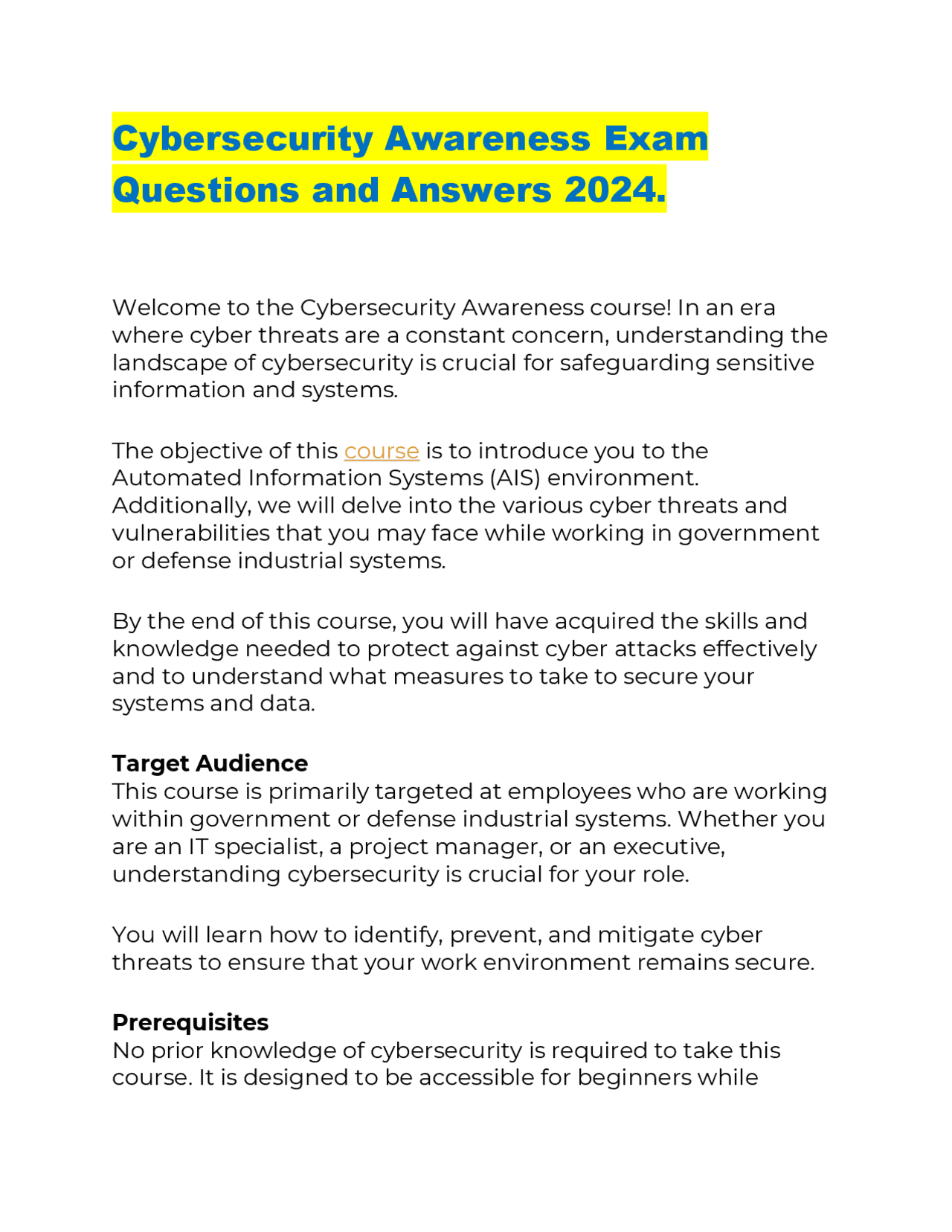 Cybersecurity Questionnaire Cybersecurity Awareness Exam Questions and Answers 2024. | Exams ...
