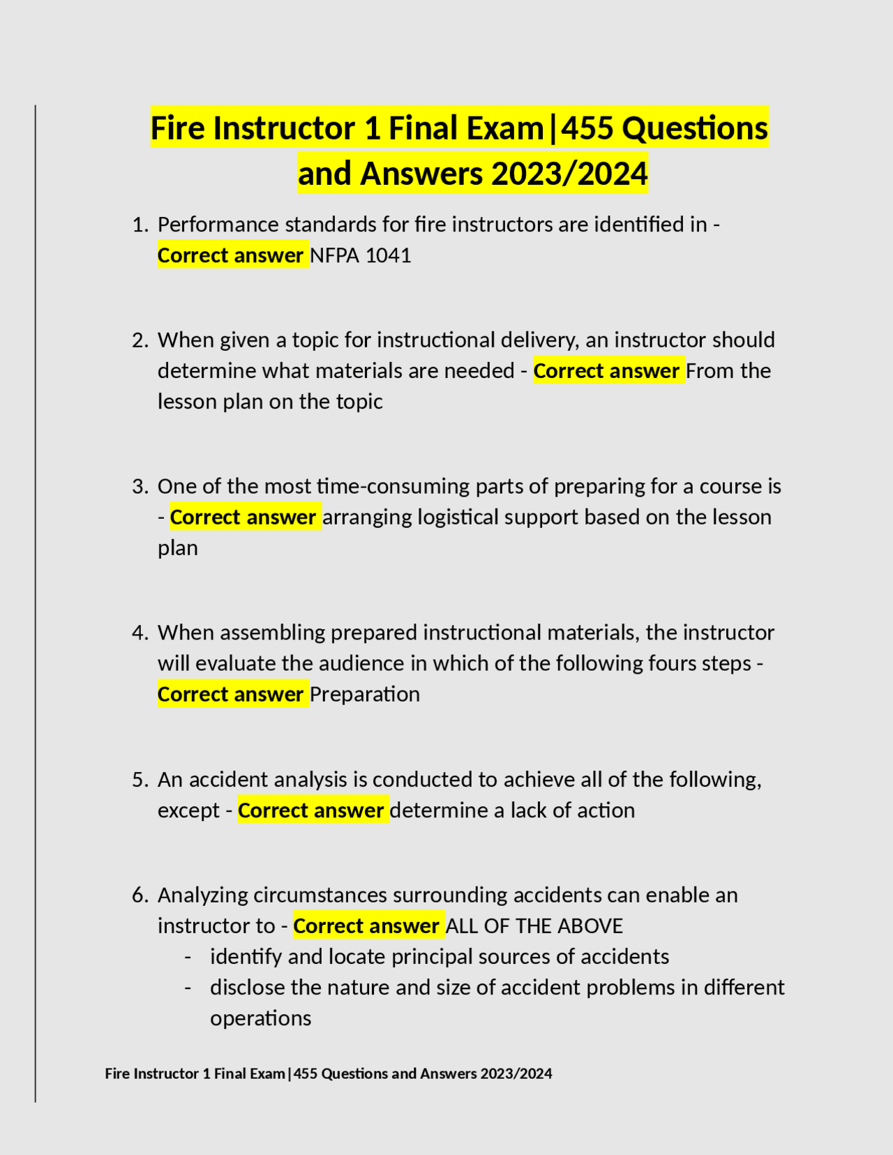 Fire Instructor 1 Final Exam|455 Questions and Answers 2023/2024 ...