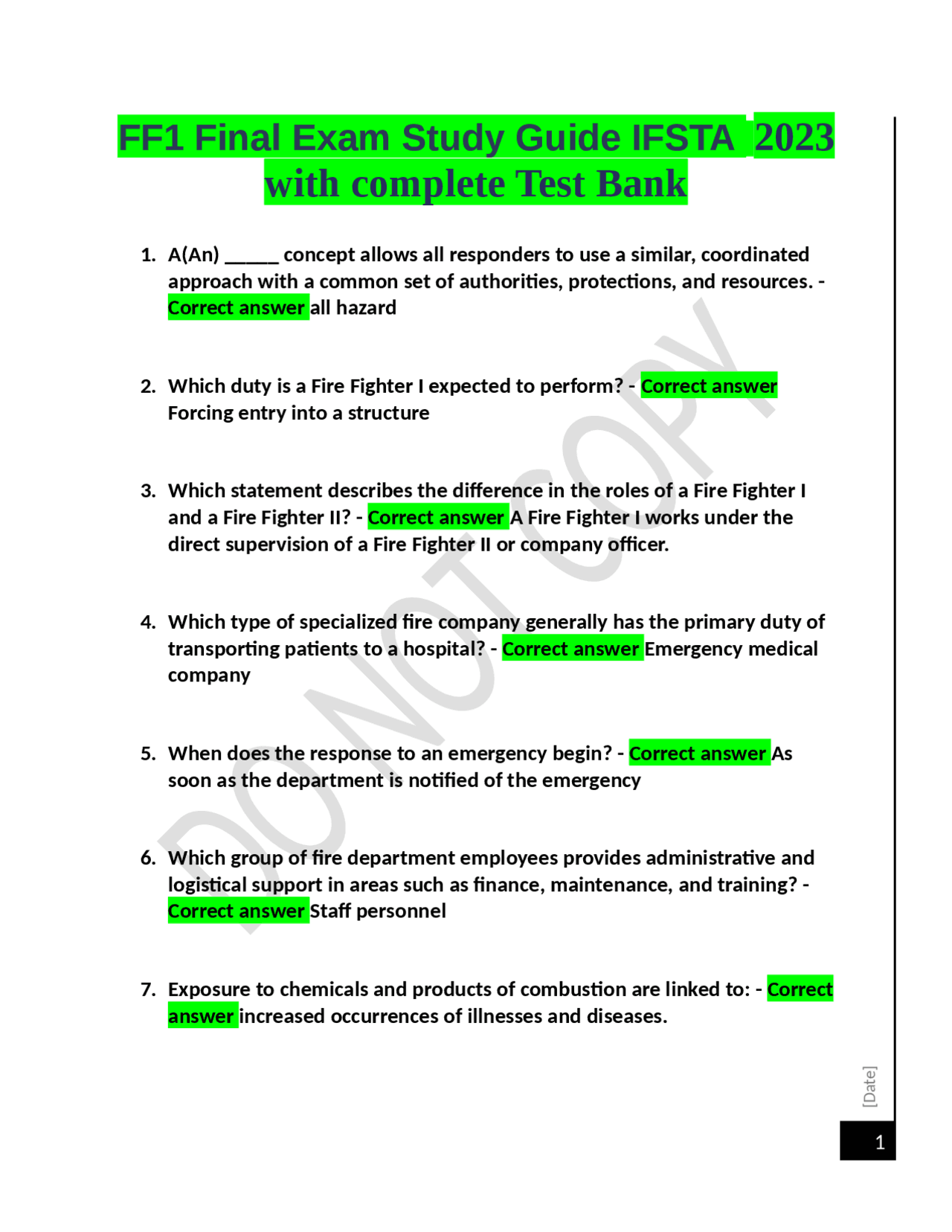 FF1 Final Exam Study Guide IFSTA 2023 with complete Test Bank | Exams ...