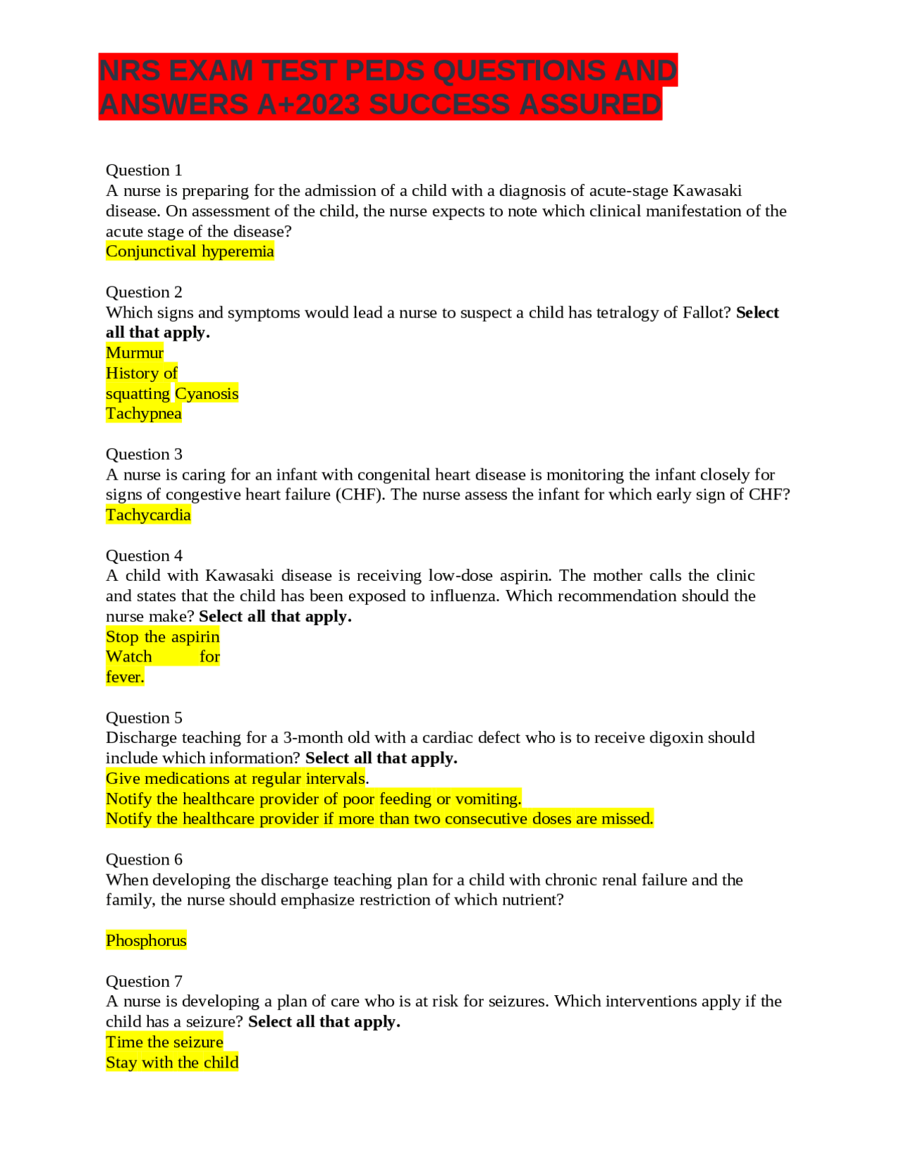 NRS EXAM TEST PEDS QUESTIONS AND ANSWERS A+2023 SUCCESS ASSURED | Exams ...