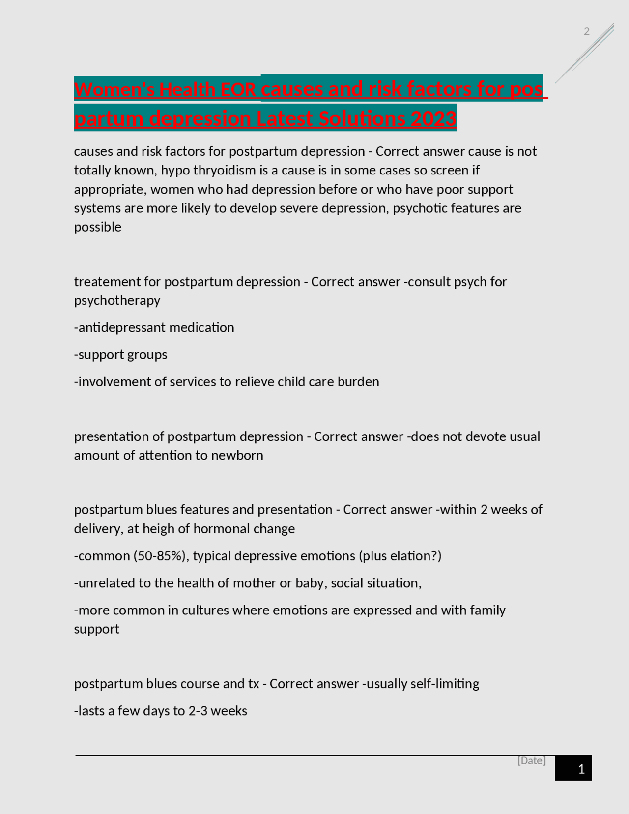 Women's Health EOR causes and risk factors for pos partum depression