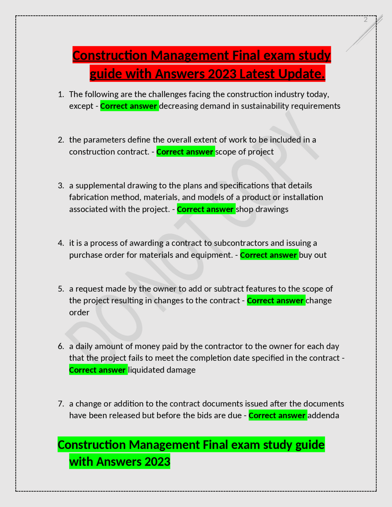 Construction Management Final exam study guide with Answers 2023 Latest ...