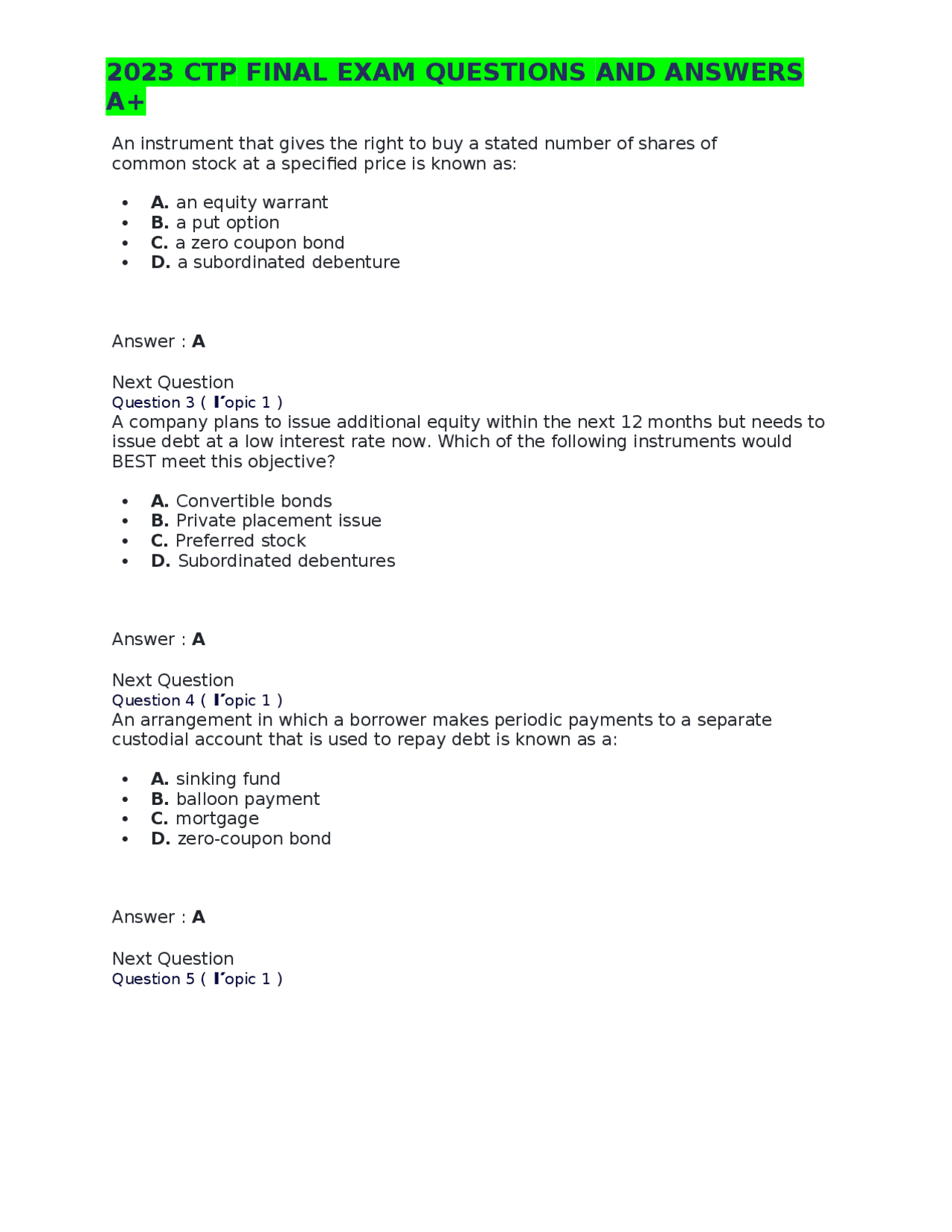 2023 CTP FINAL EXAM QUESTIONS AND ANSWERS A+ | Exams Nursing | Docsity