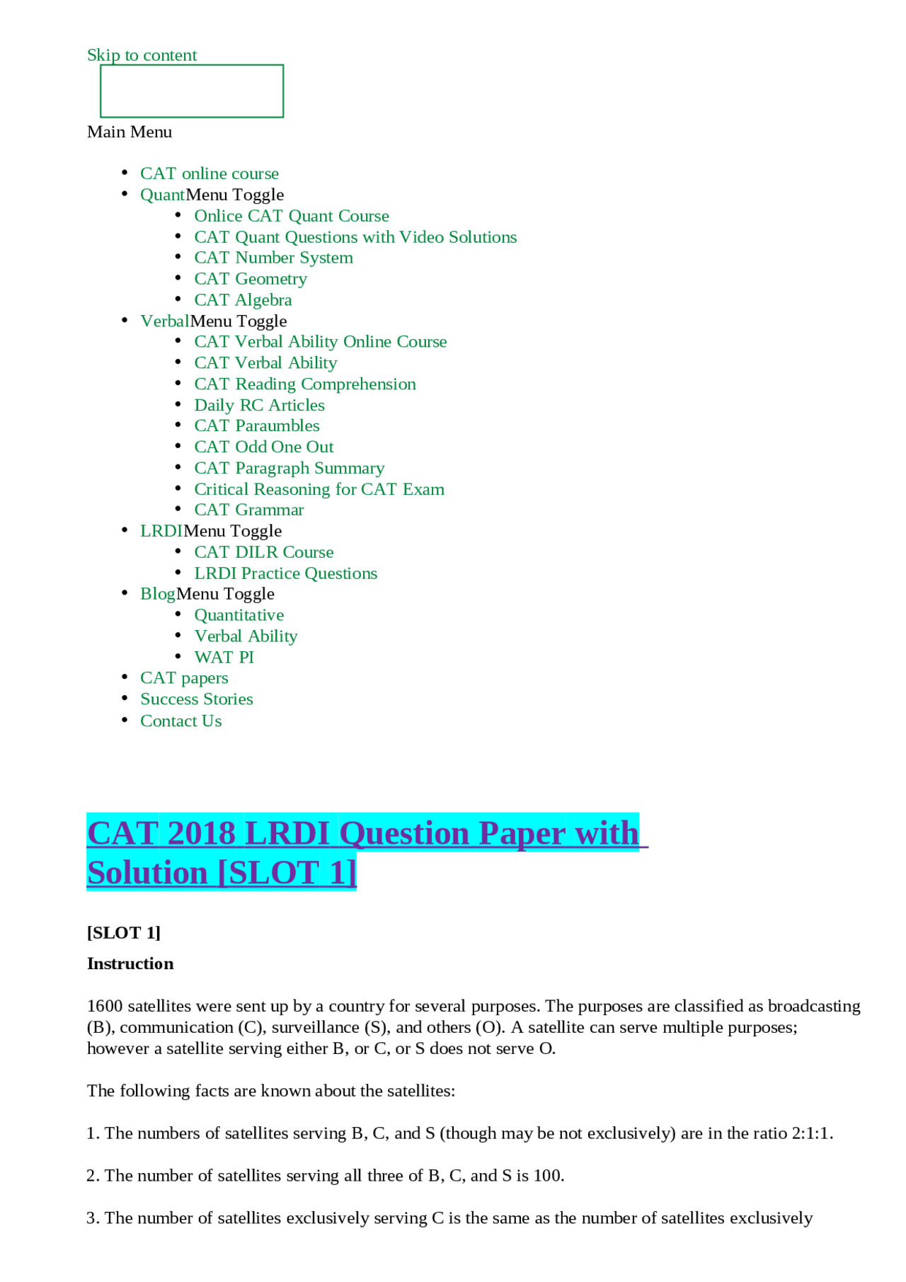 CAT 2018 LRDI Question Paper with Solution [SLOT 1] | Exams Nursing ...