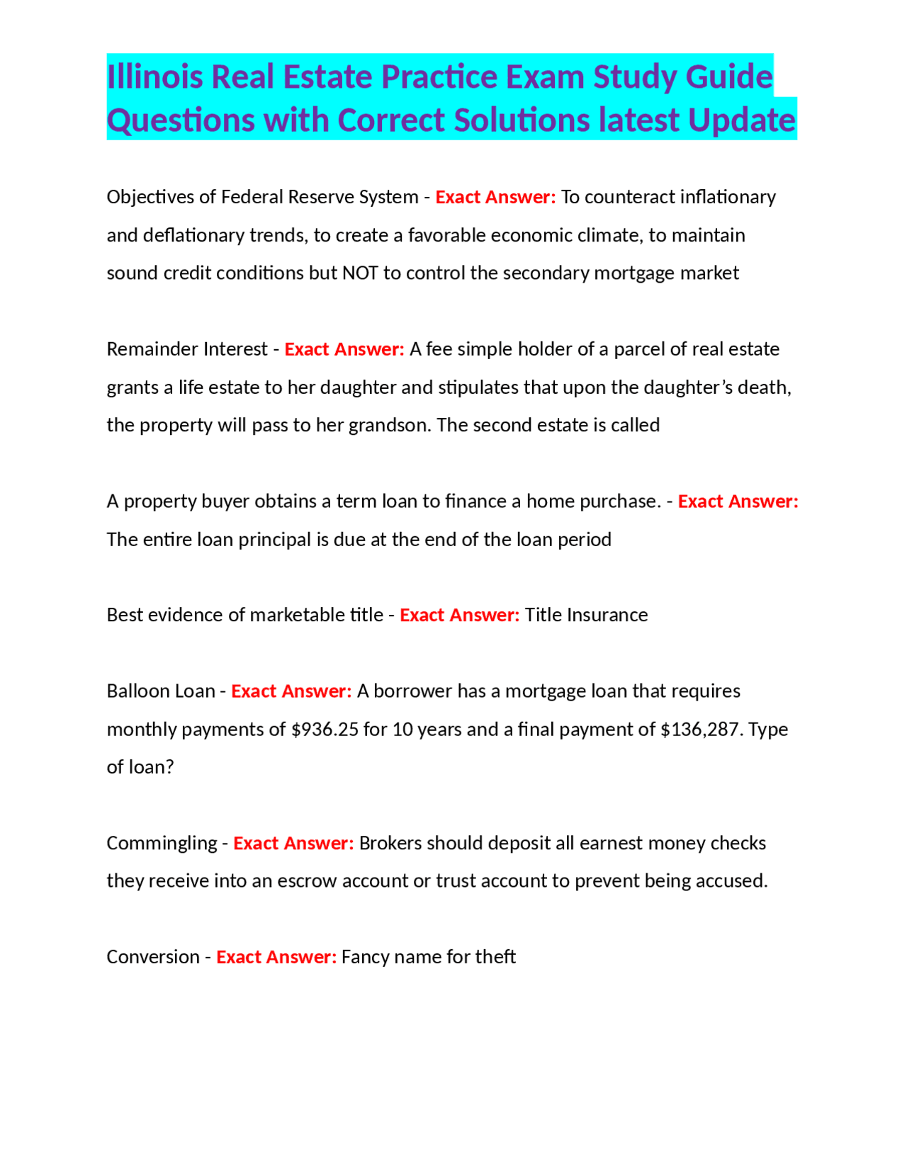 Illinois Real Estate Practice Exam Study Guide Questions with Correct Solutions latest Upd