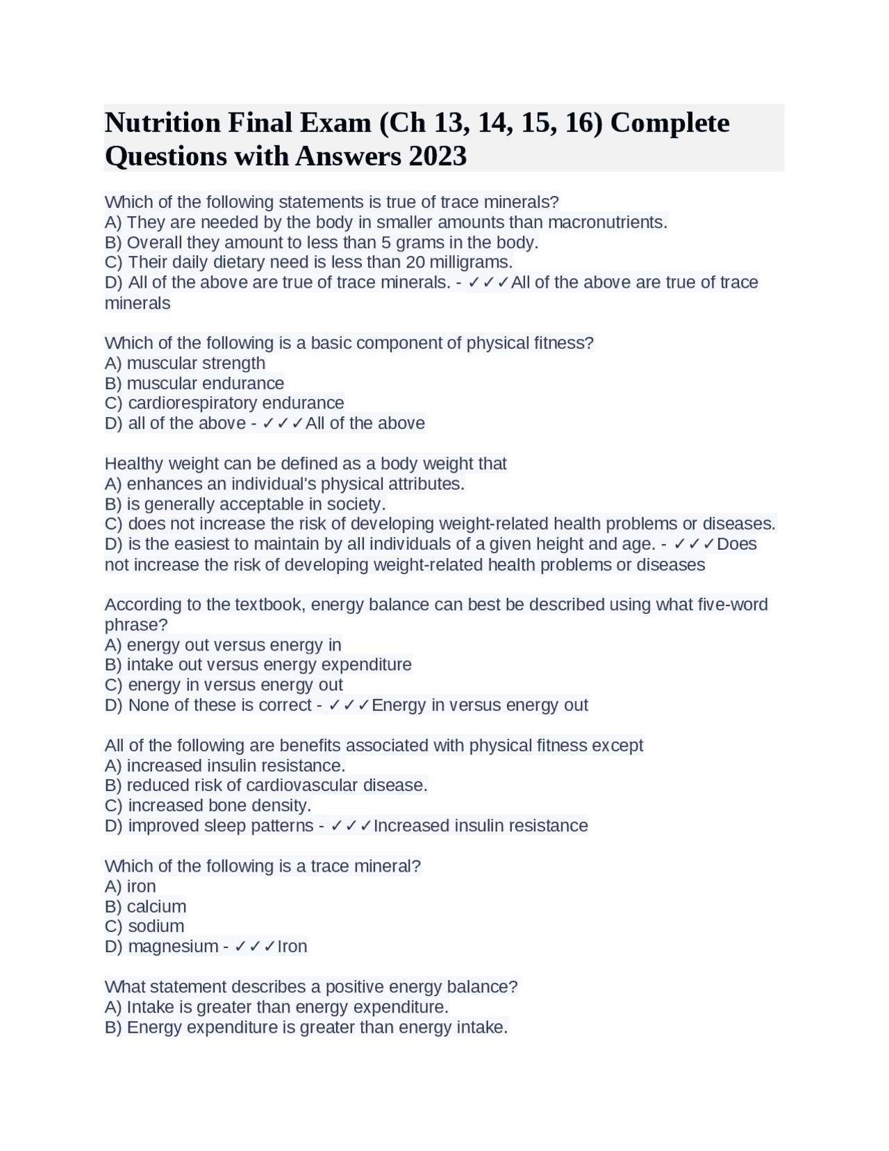 Nutrition Final Exam Ch 13 14 15 16 Complete Questions With