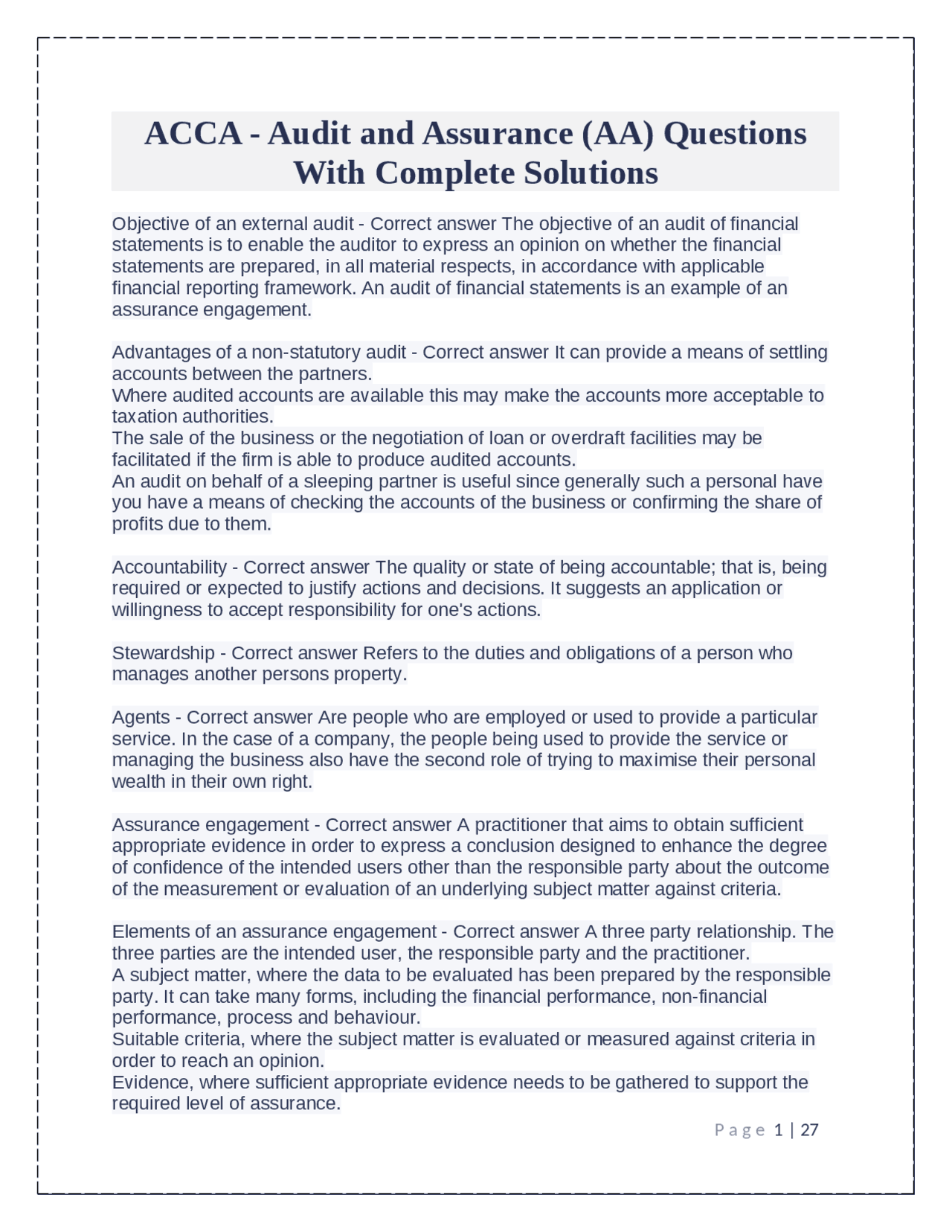 ACCA - Audit and Assurance (AA) Questions With Complete Solutions ...