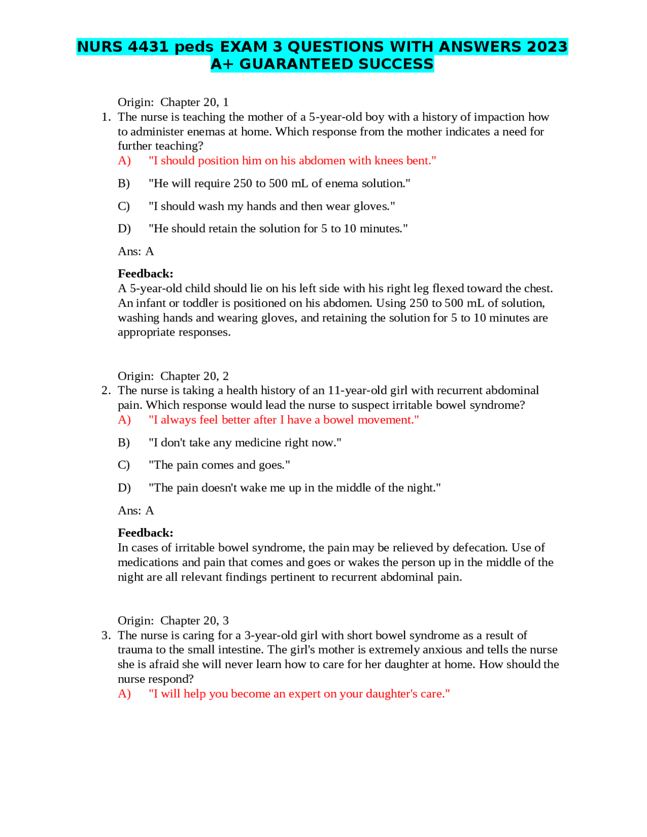 NURS 4431 peds EXAM 3 QUESTIONS WITH ANSWERS 2023 A+ GUARANTEED SUCCESS ...