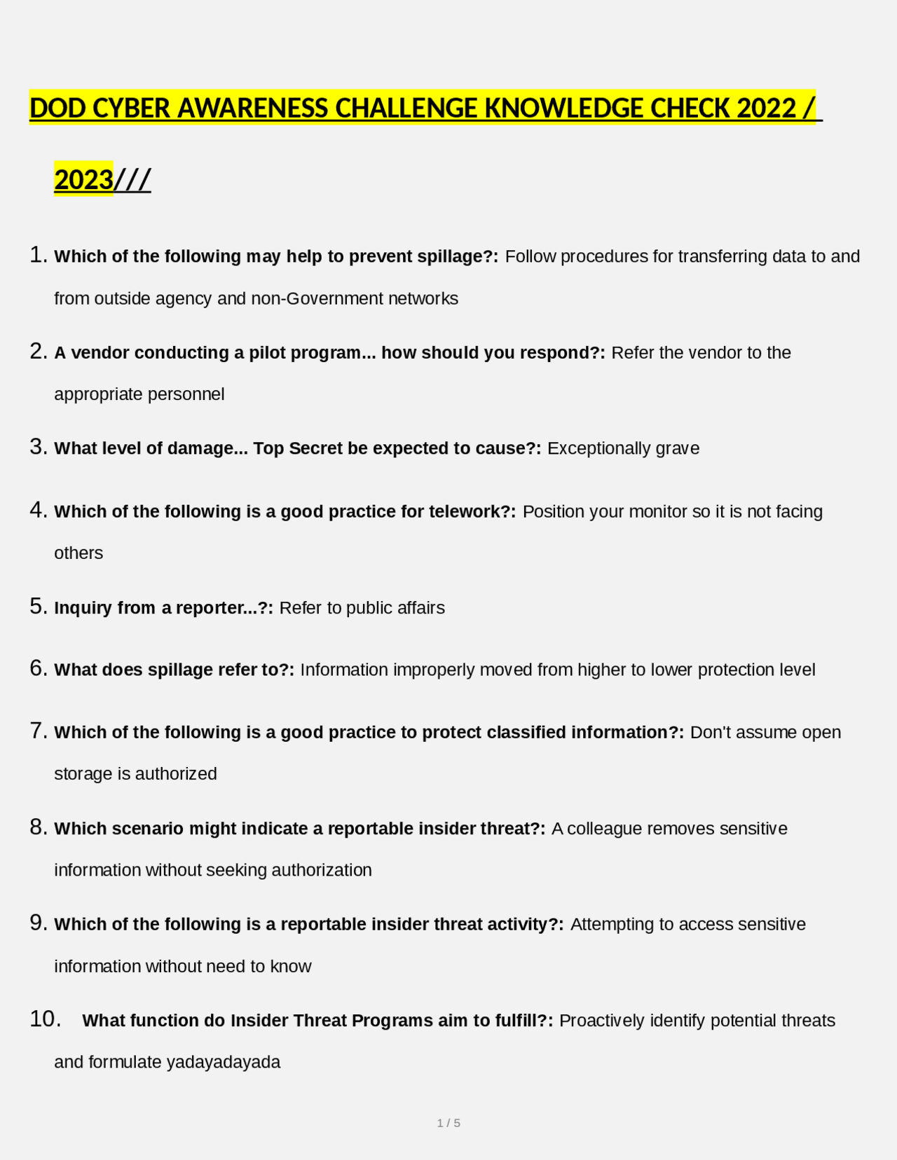 Cyber Awareness Challenge Knowledge Check 2023 Answers