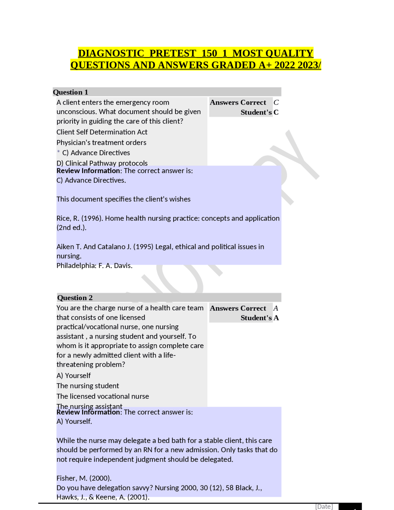 DIAGNOSTIC_PRETEST_150_1_MOST QUALITY QUESTIONS AND ANSWERS GRADED A+