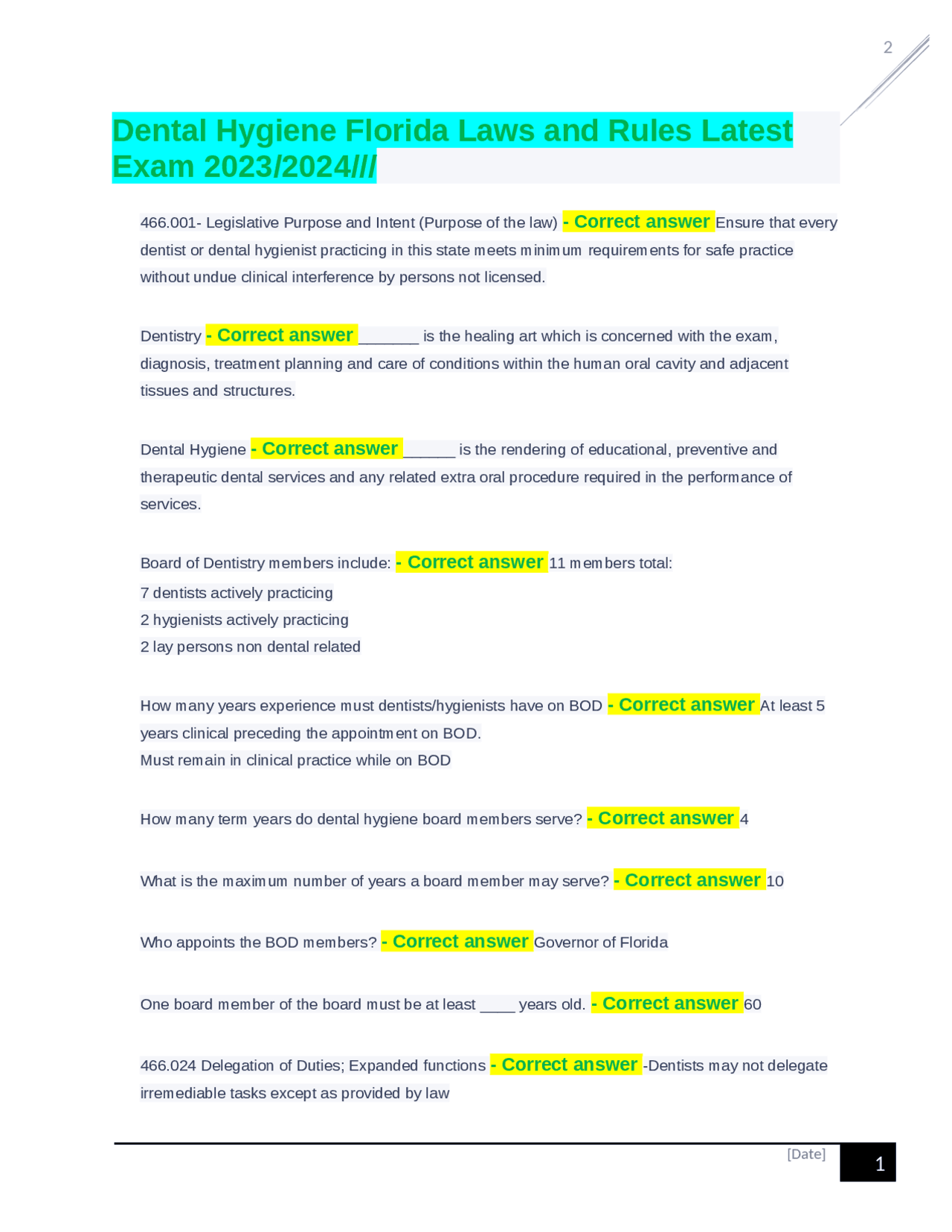 Dental Hygiene Florida Laws and Rules Latest Exam 2023/2024/// Exams