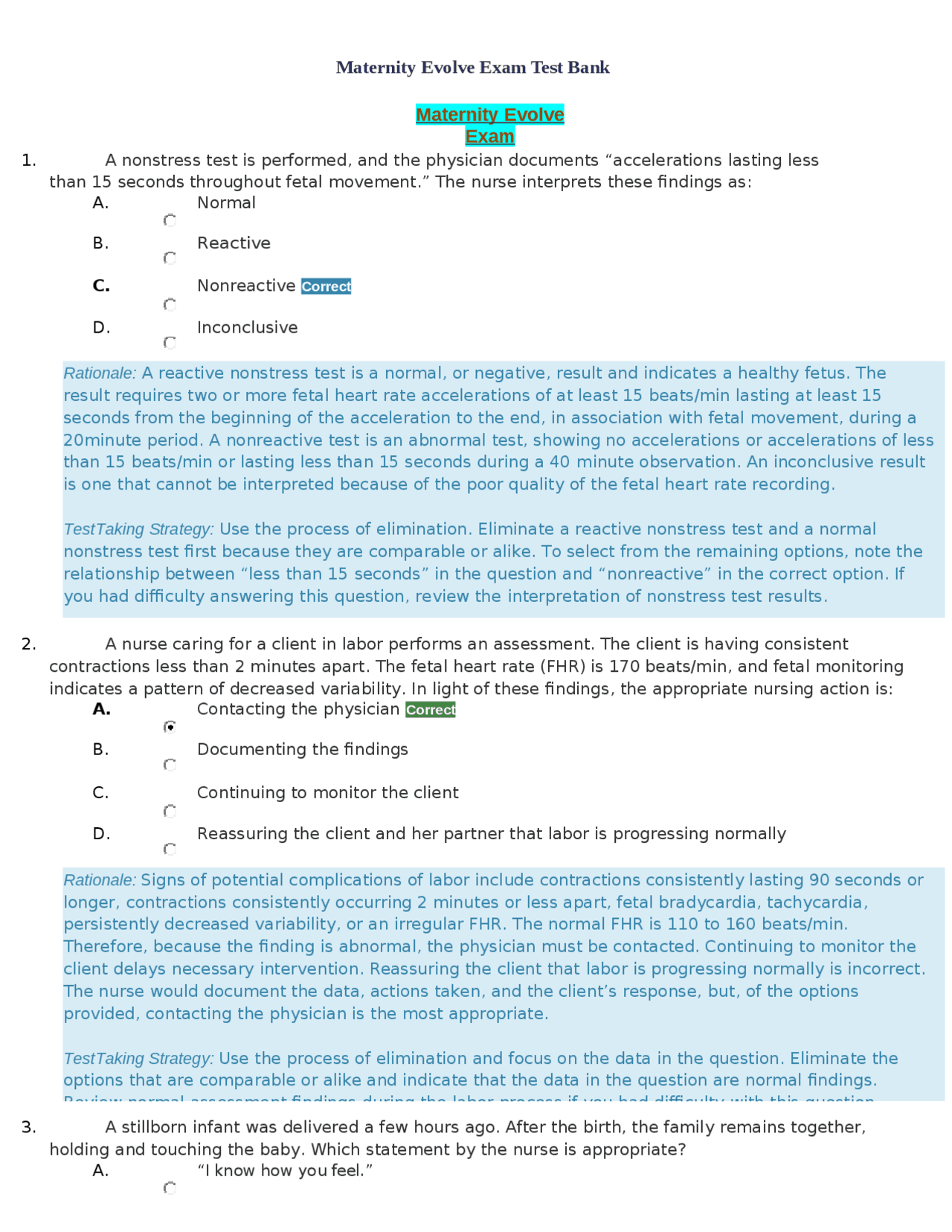 Maternity Evolve ExamMaternity Evolve Exam Exams Nursing Docsity