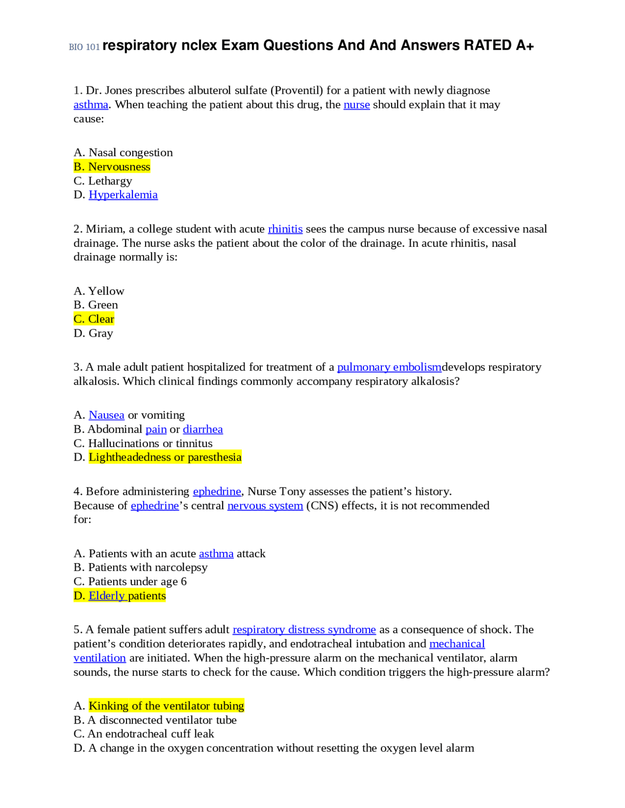 BIO 101 respiratory nclex Exam Questions And And Answers RATED A+ ...