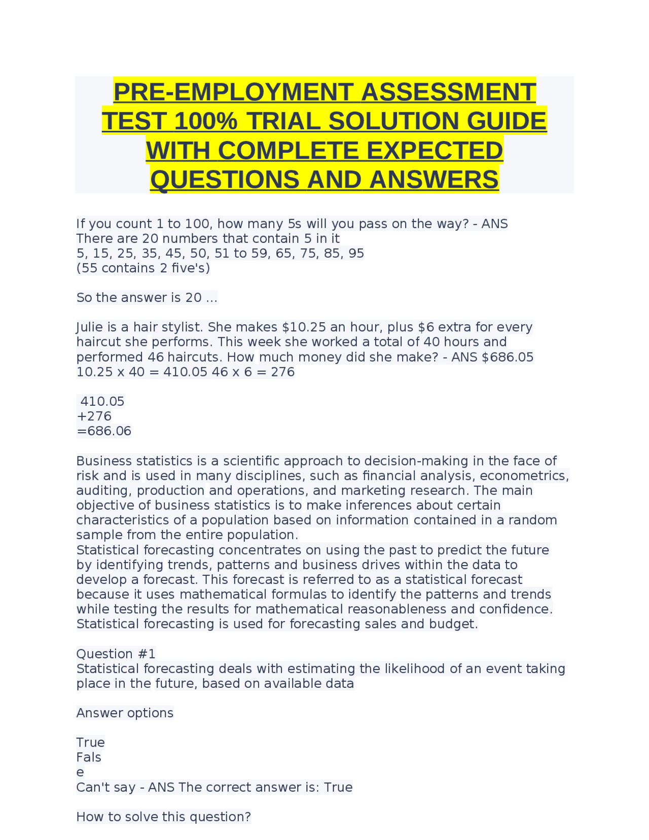 PRE-EMPLOYMENT ASSESSMENT TEST 100% TRIAL SOLUTION GUIDE WITH COMPLETE ...