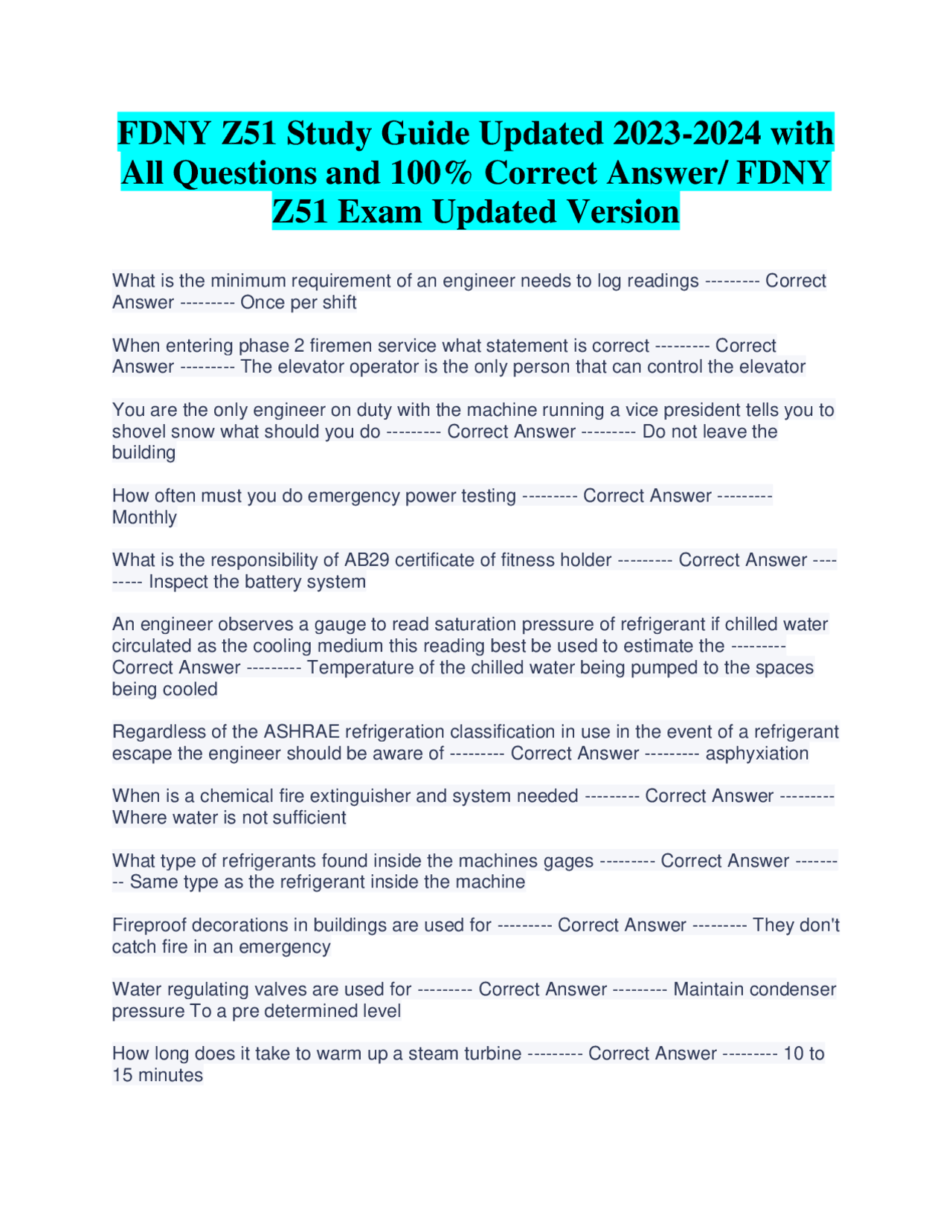 FDNY Z51 Study Guide Updated 20232024 with All Questions and 100