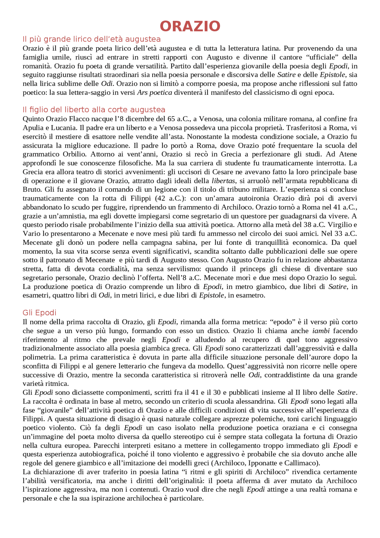 La letteratura di Orazio | Appunti di Latino | Docsity