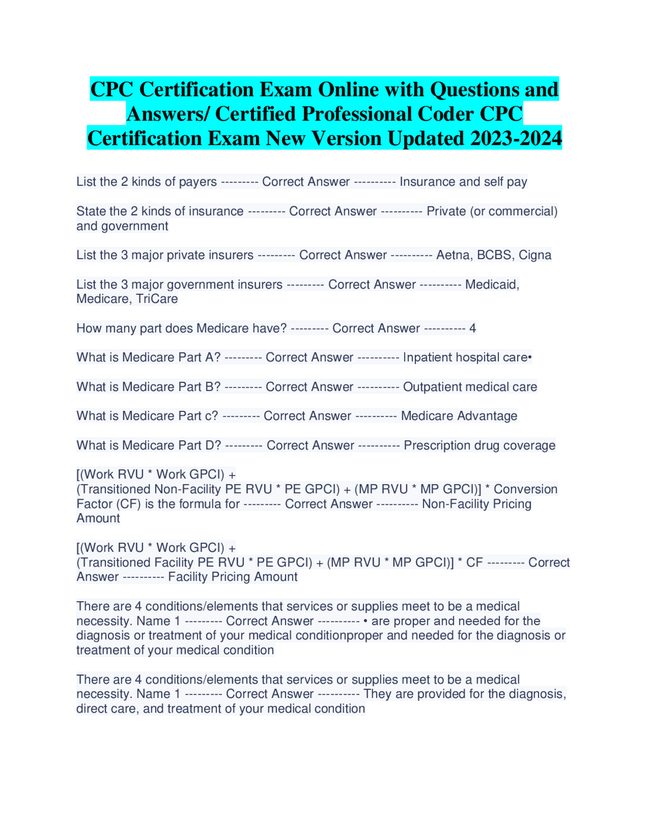 CPC Certification Exam Online with Questions and Answers/ Certified ...