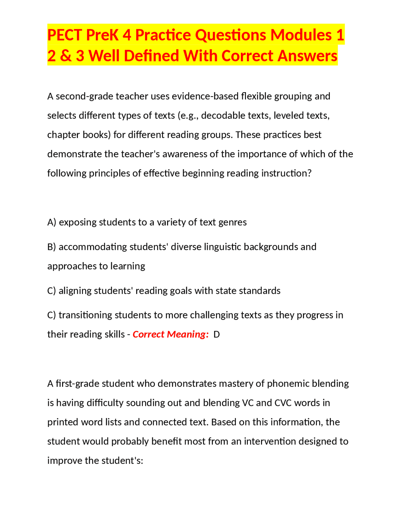 PECT PreK 4 Practice Questions Modules 1 2 & 3 Well Defined With ...