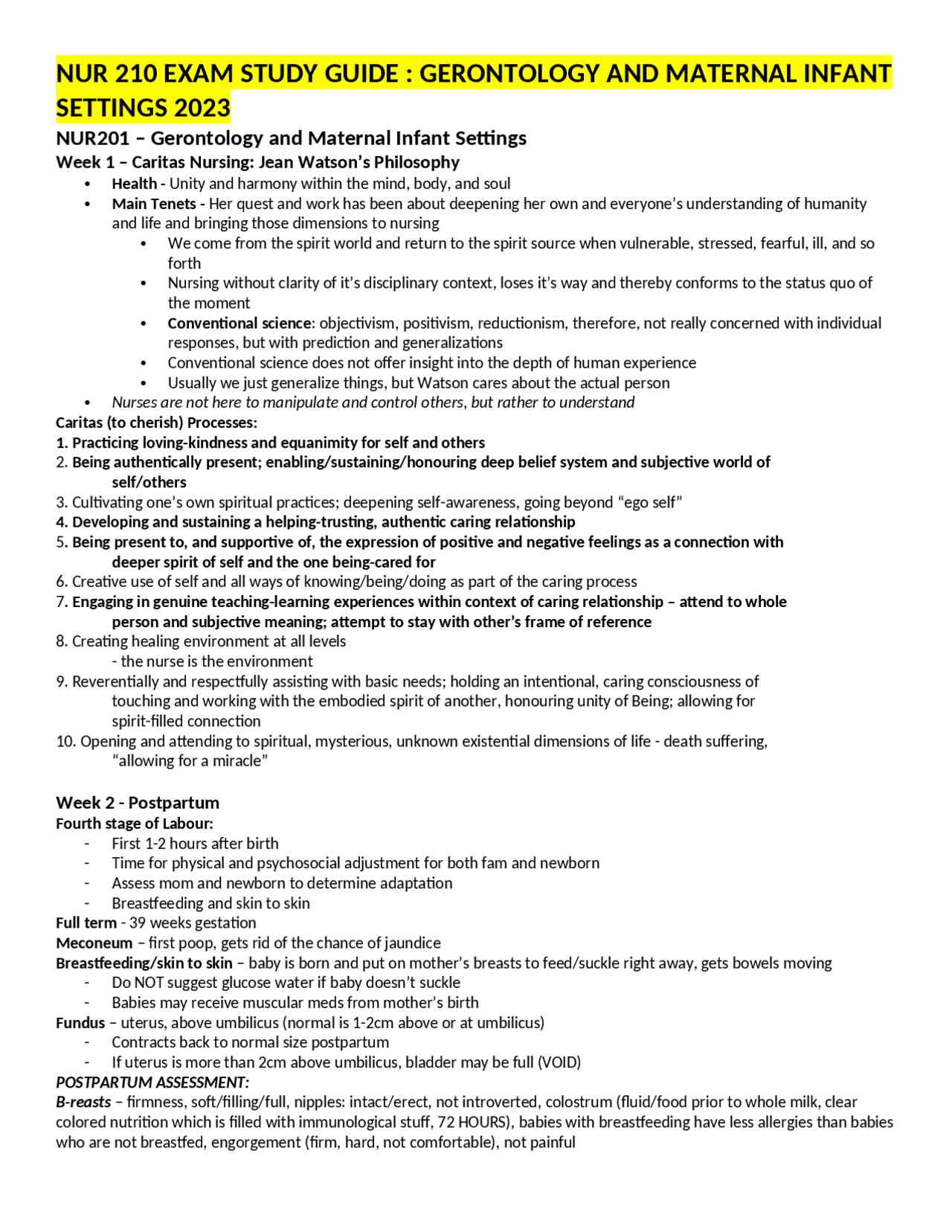 NUR 210 EXAM STUDY GUIDE GERONTOLOGY AND MATERNAL INFANT SETTINGS