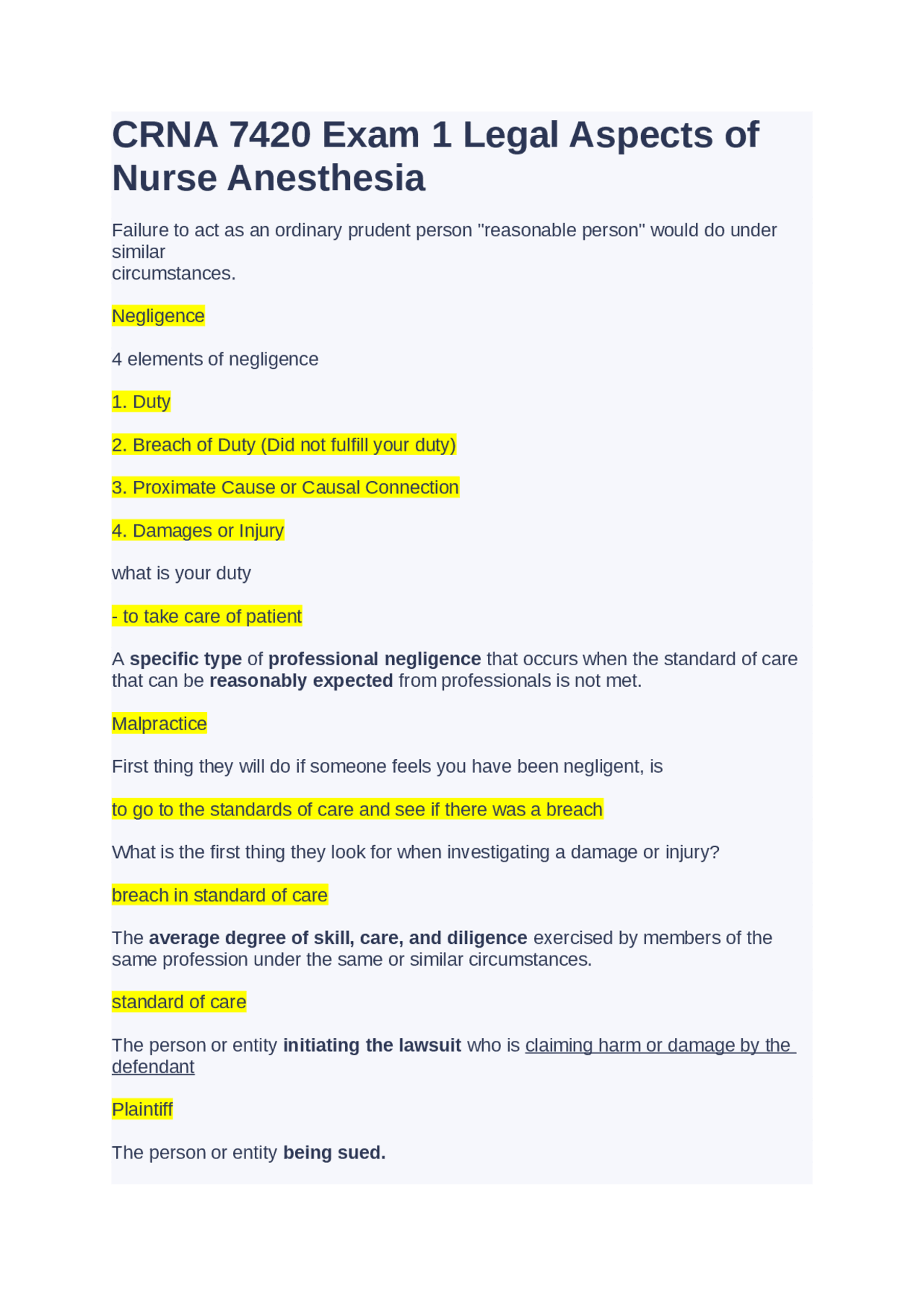 Crna Math Problems CRNA 7420 Exam 1 Legal Aspects of Nurse Anesthesia | Exams Nursing ...