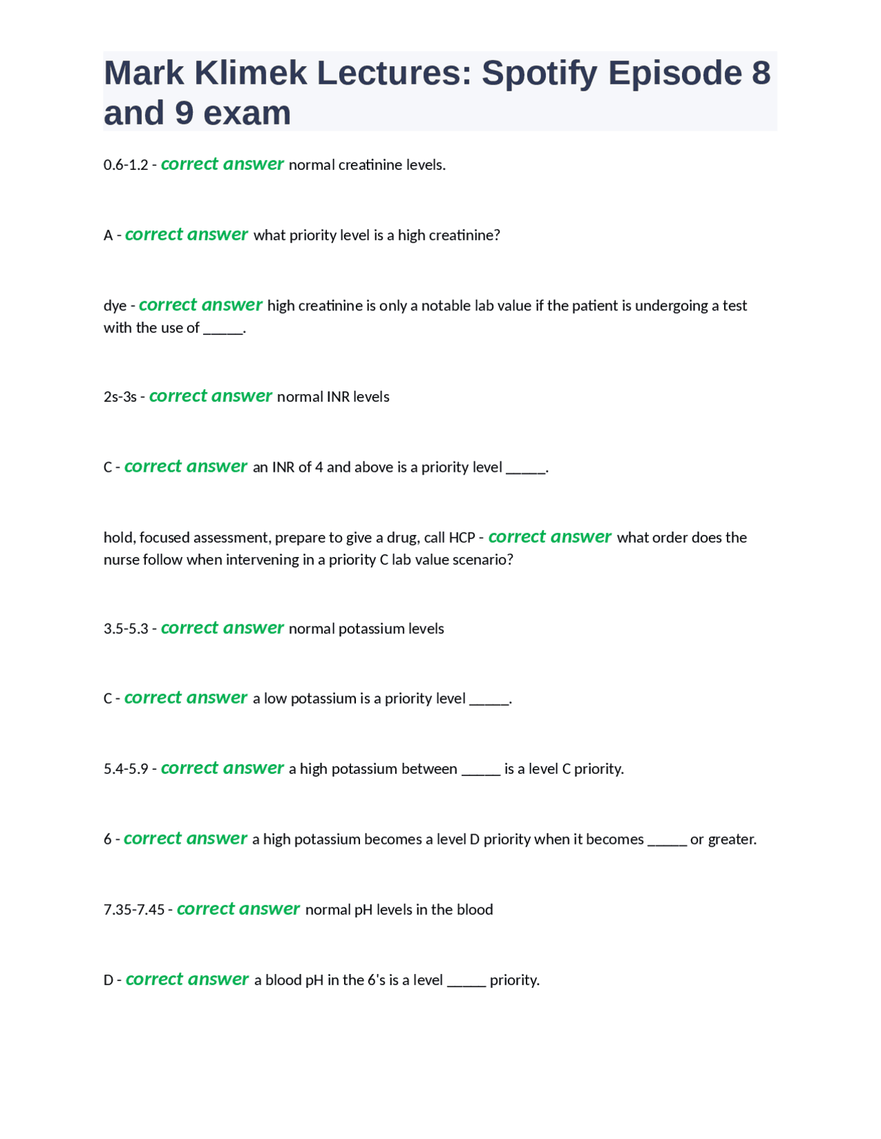 Mark Klimek Lectures Spotify Episode 8 And 9 Exam docx Exams Nursing Mark klimek lectures spotify episode 8 and 9 exam docx exams nursing