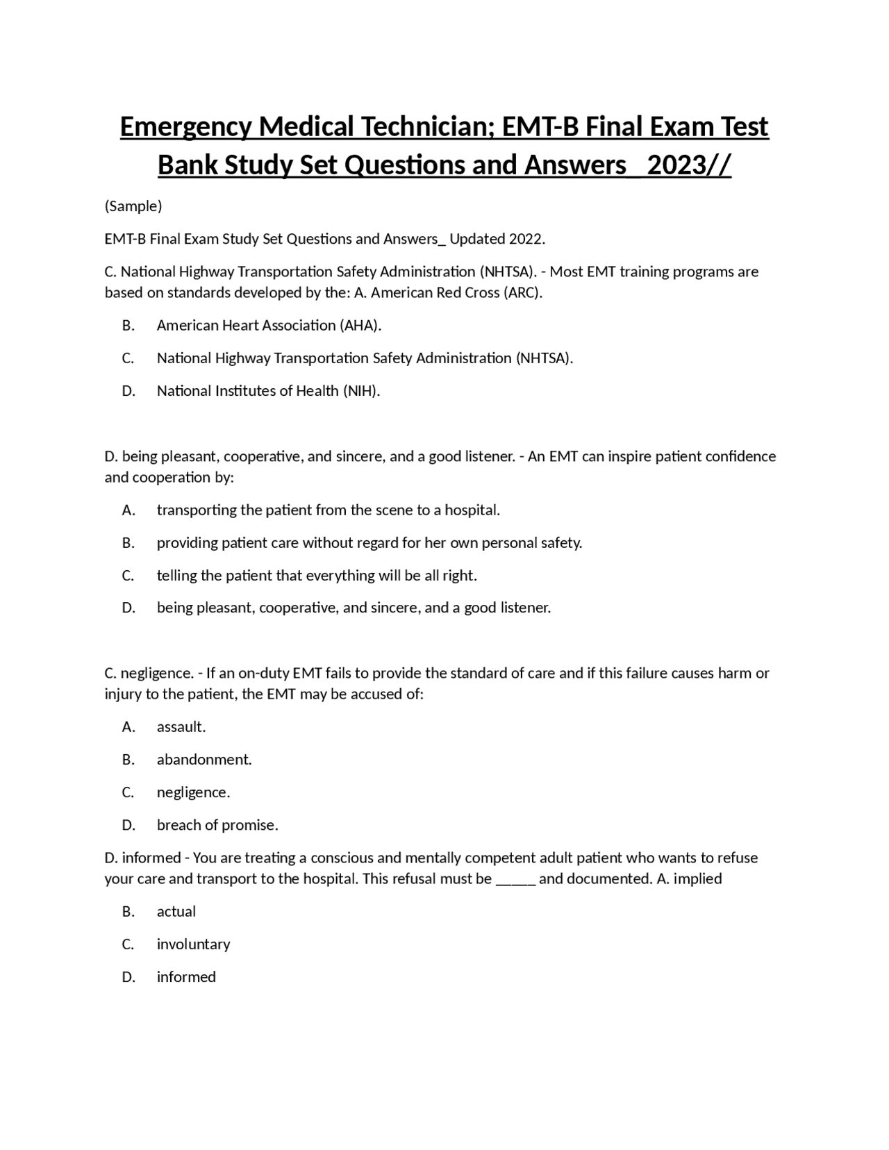 Emergency Medical Technician; EMT-B Final Exam Test Bank Study Set ...
