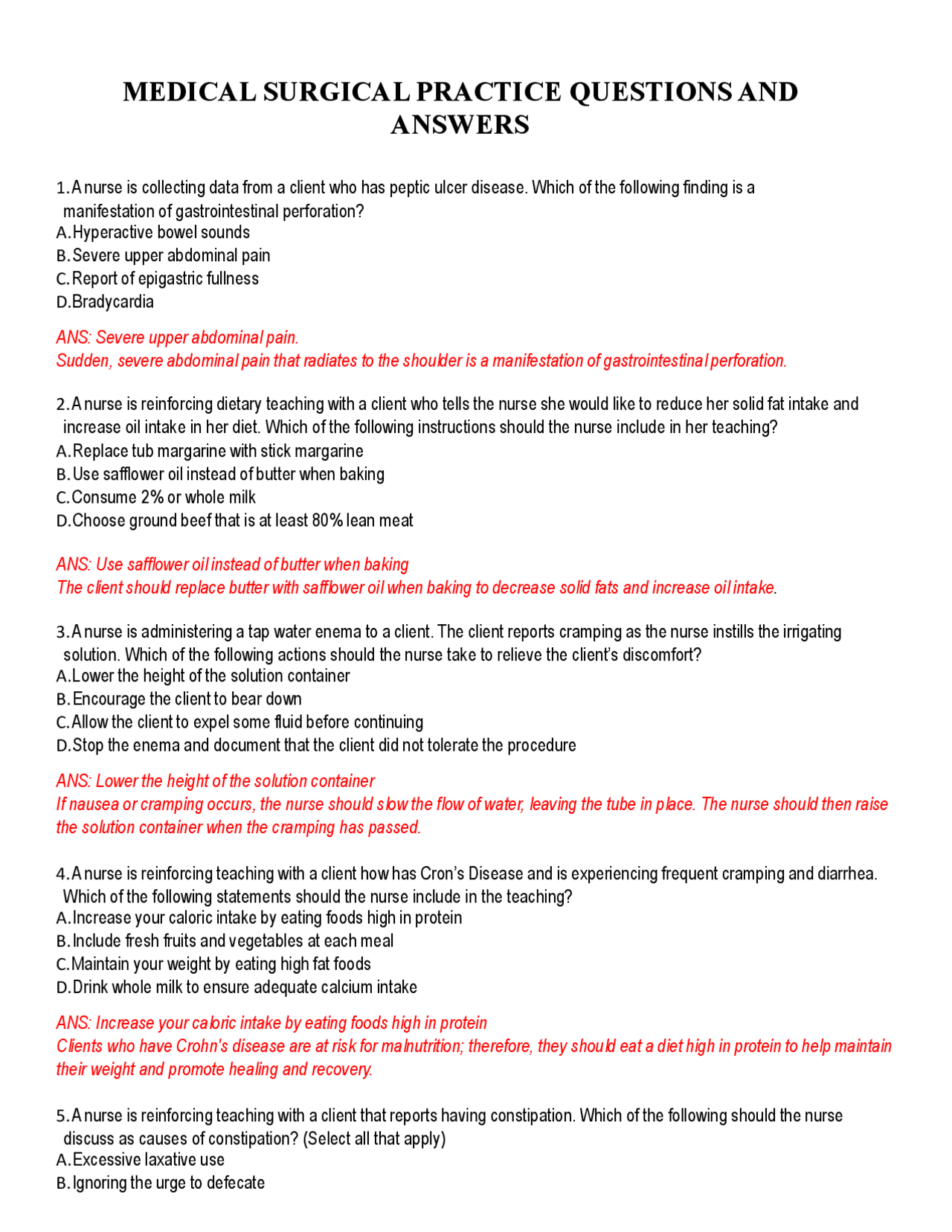 MEDICAL SURGICAL PRACTICE QUESTIONS AND ANSWERS Exams Surgical