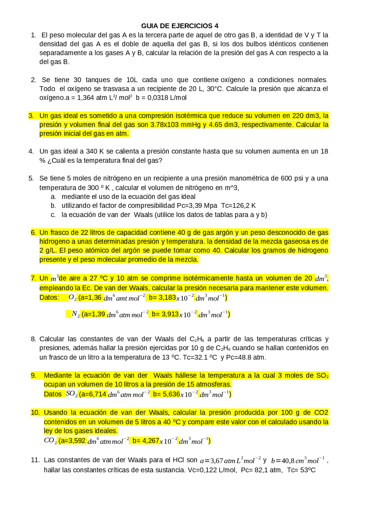 Guía de ejercicios sobre gases ideales y ecuación de van der Waals ...