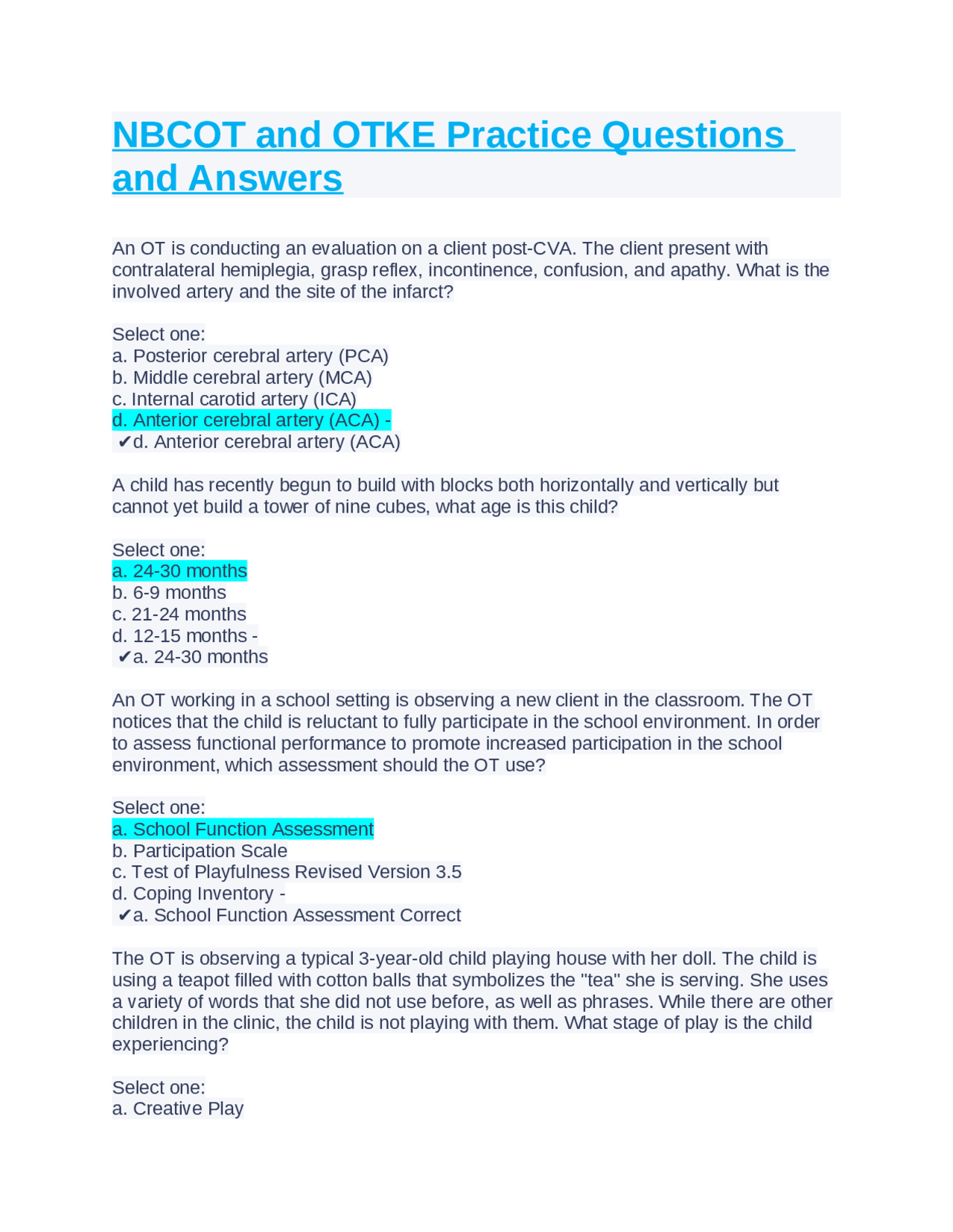 Nbcot Question Examples NBCOT and OTKE Practice Questions and Answers | Exams Nursing | Docsity