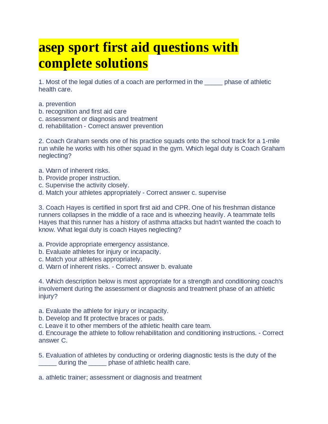 Asep sport first aid questions with complete solutions Exams Sports