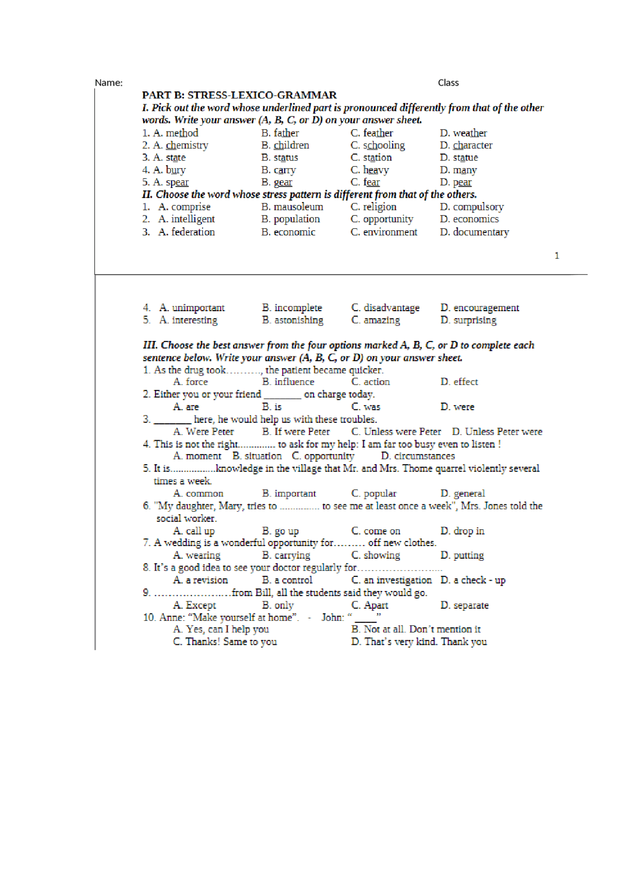 Practice test grade 8 | Exams English | Docsity