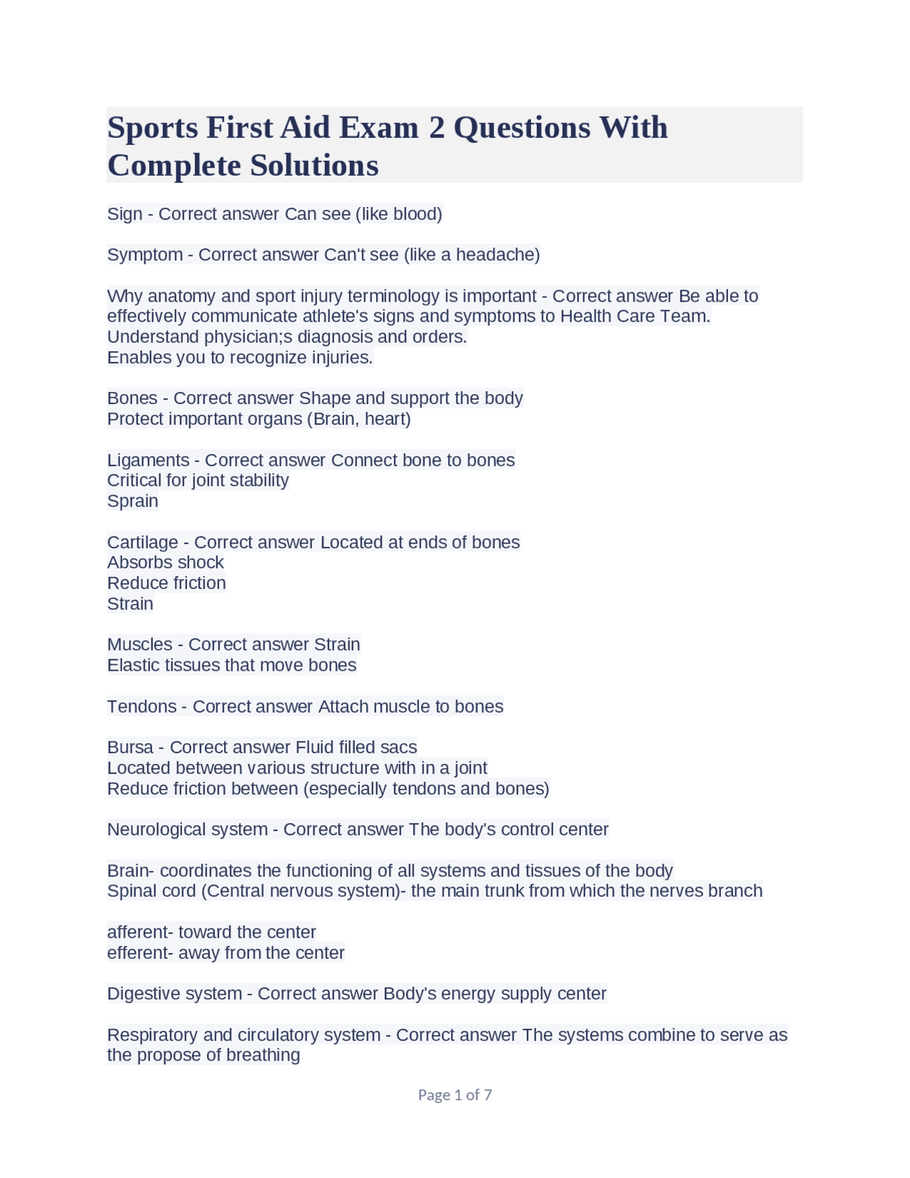 Sports First Aid Exam 2 Questions With Complete Solutions Exams