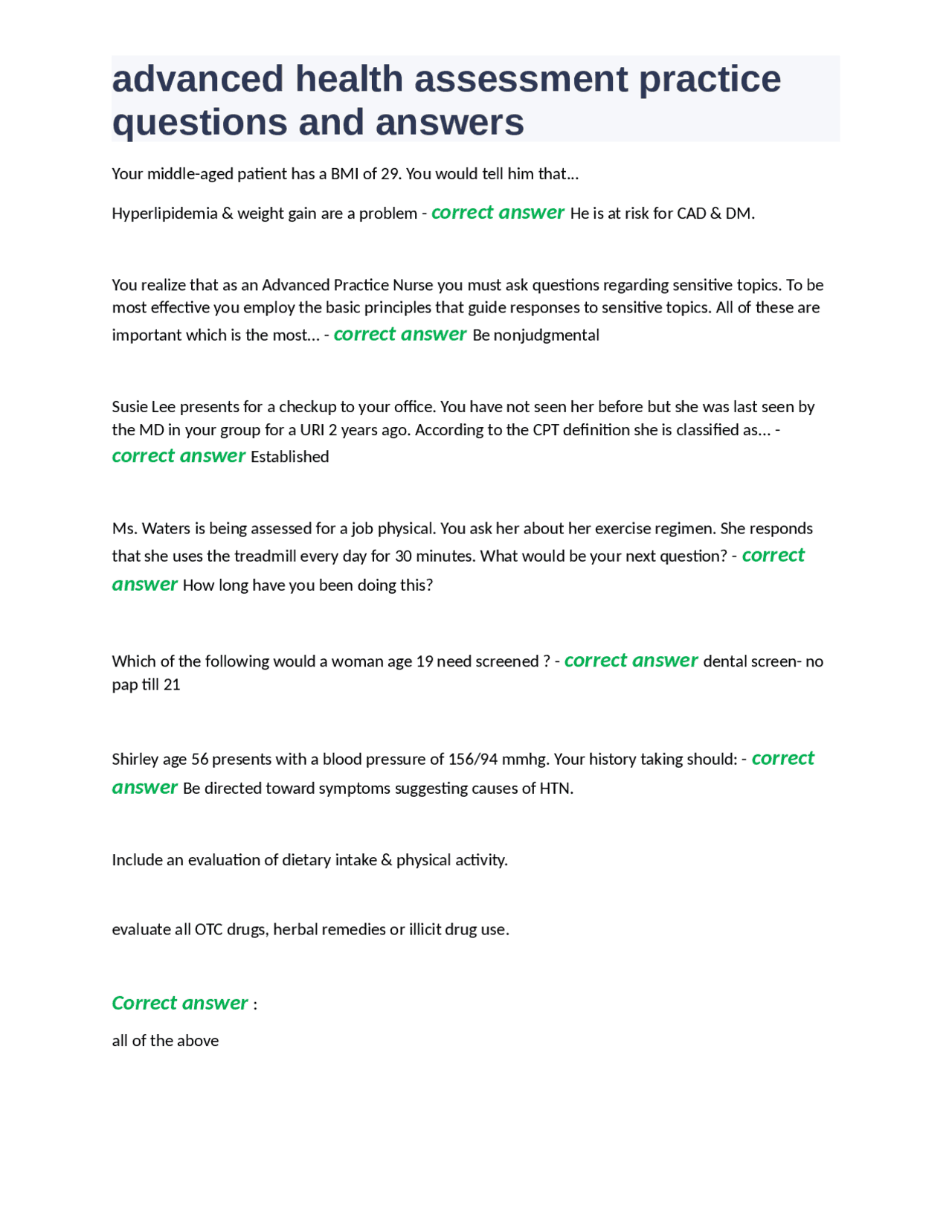 Advanced health assessment practice questions and answers.docx | Exams ...