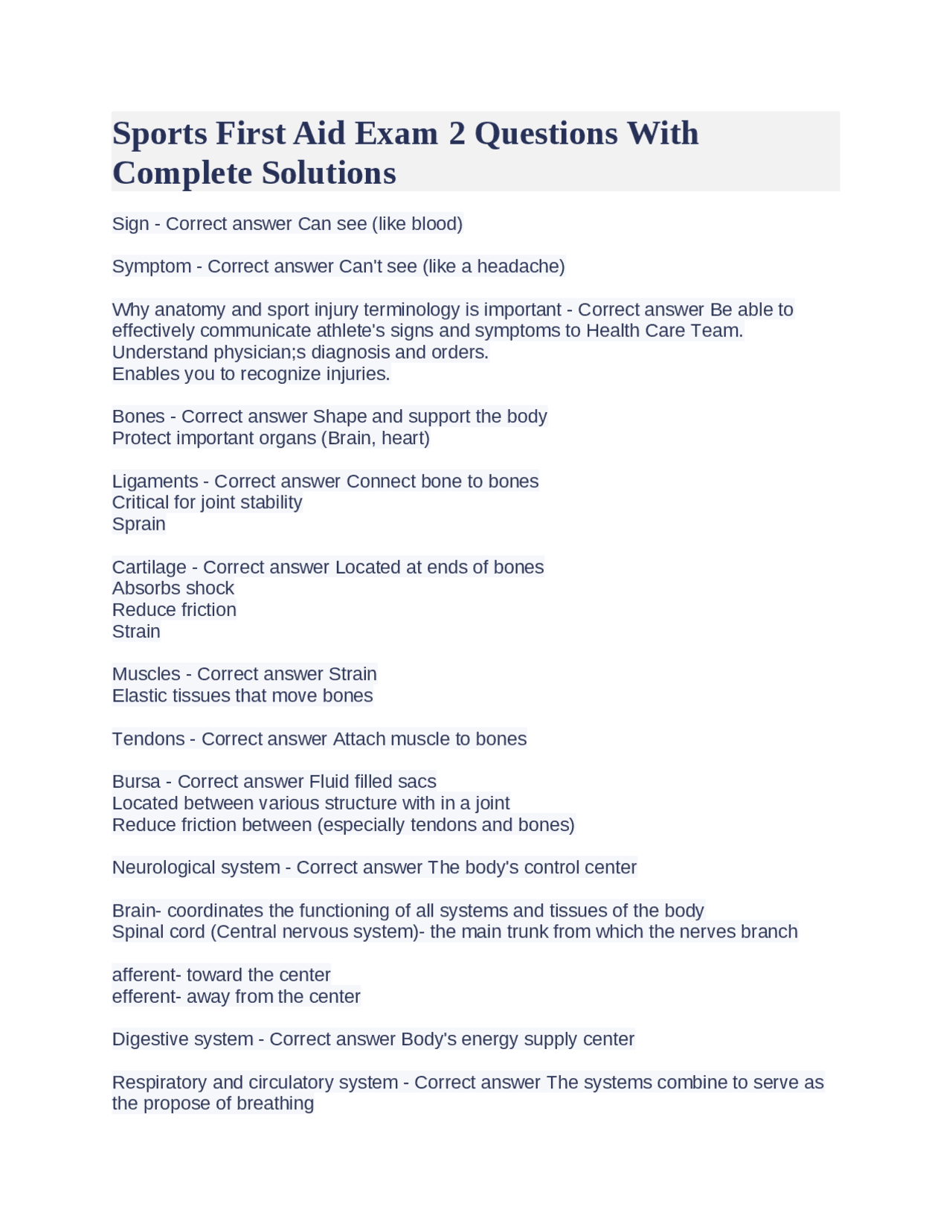 Sports First Aid Exam 2 Questions With Complete Solutions Exams