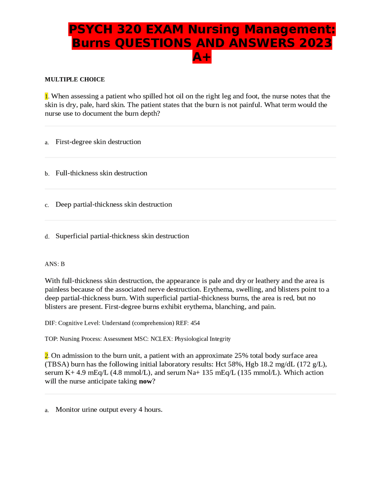 PSYCH 320 EXAM Nursing Management Burns QUESTIONS AND ANSWERS 2023 A+