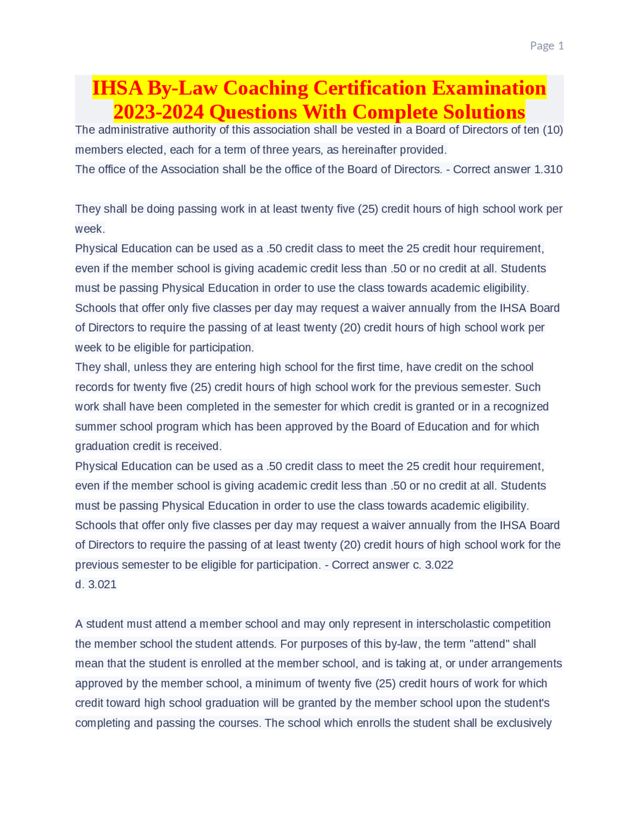 IHSA By Law Coaching Certification Examination 2023 2024 Questions With IHSA By Law Coaching Certification Examination 2023 2024 Questions With