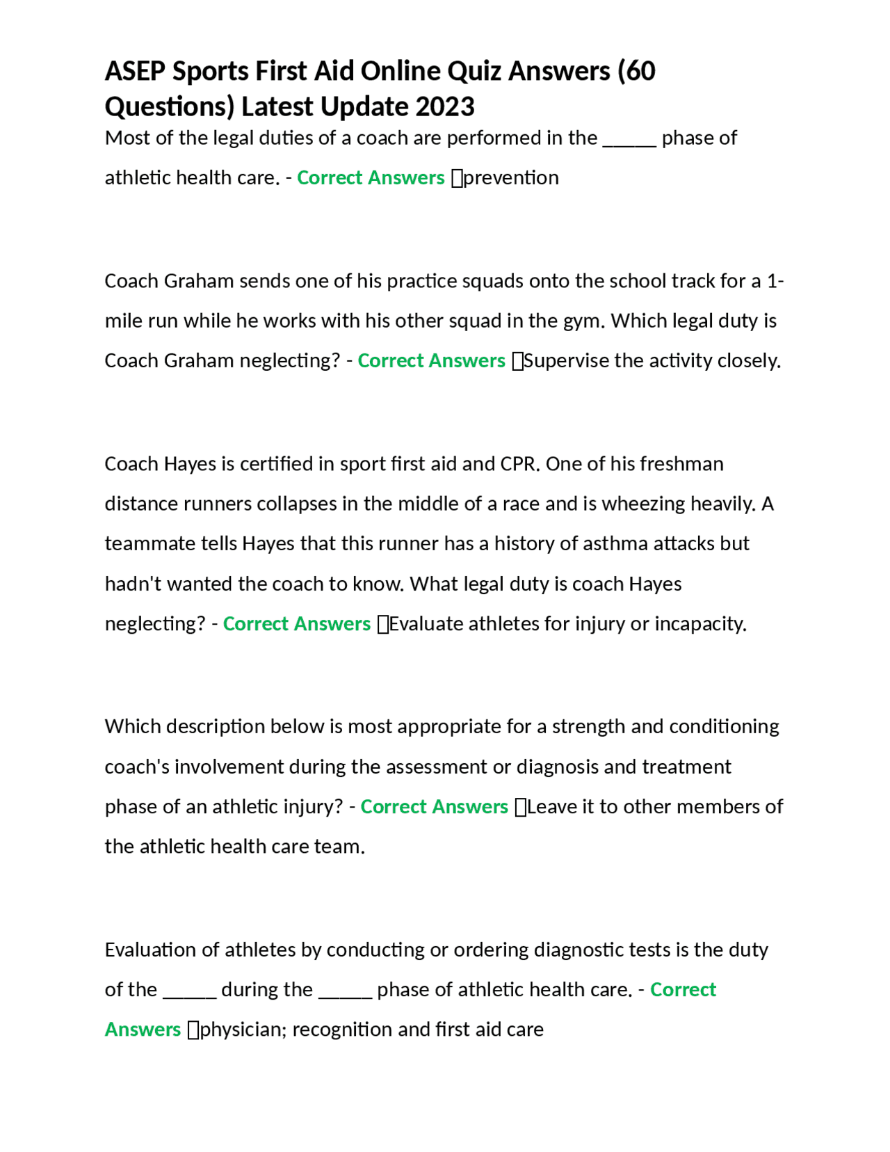 ASEP Sports First Aid Online Quiz Answers (60 Questions) Latest Update