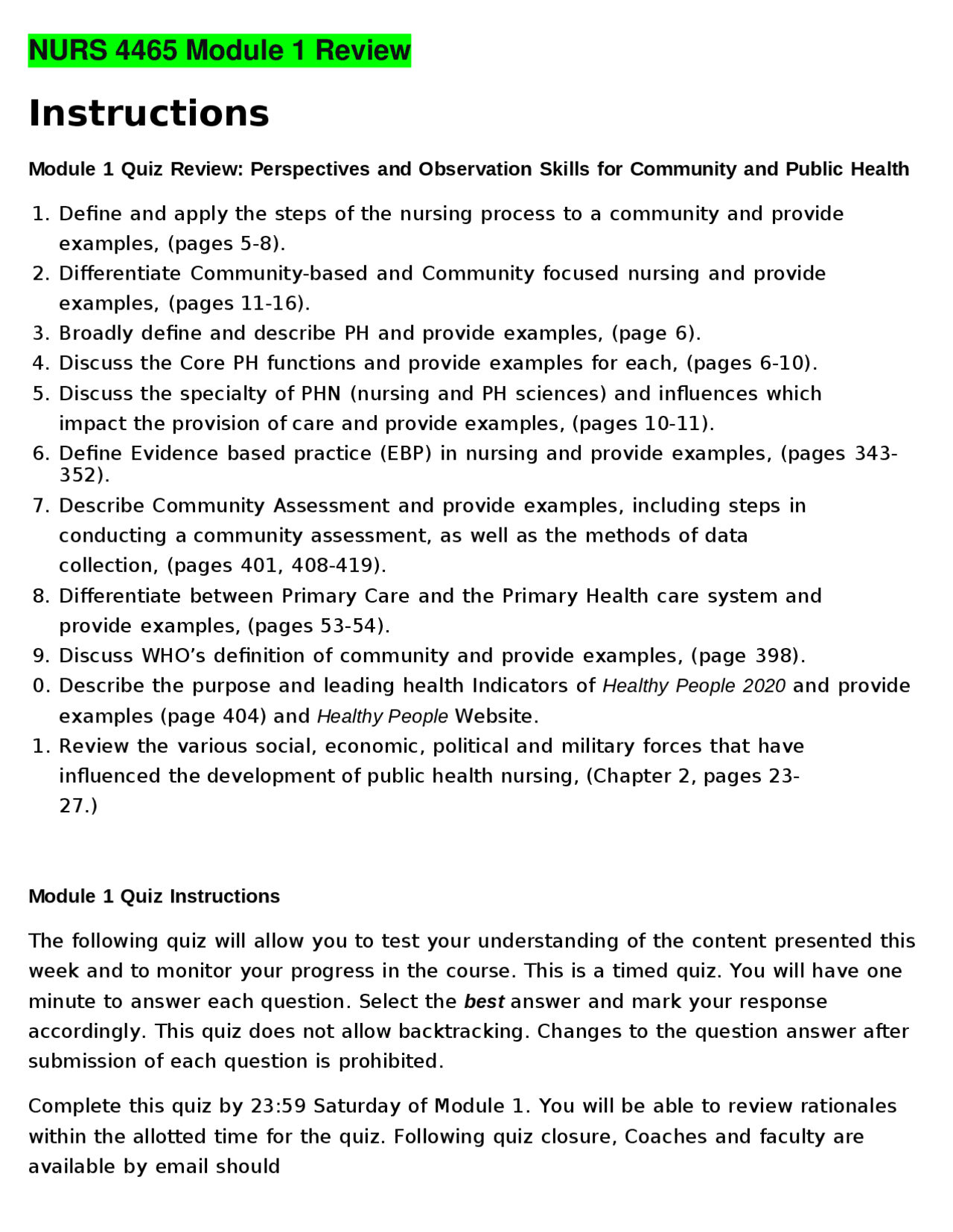 NURS 4465 Module 1 Review | Exams Nursing | Docsity