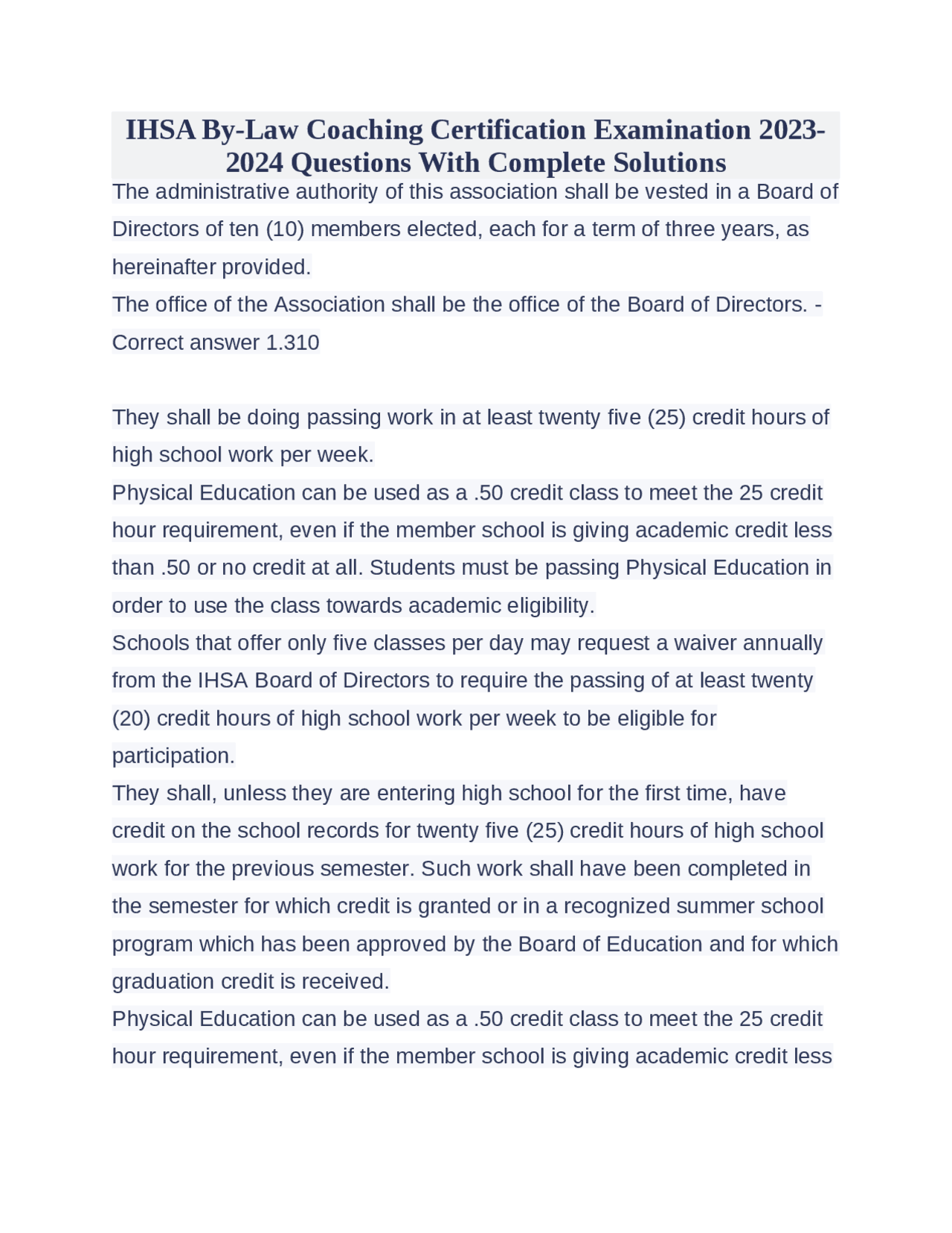 IHSA By Law Coaching Certification Examination 2023 2024 Questions With IHSA By Law Coaching Certification Examination 2023 2024 Questions With