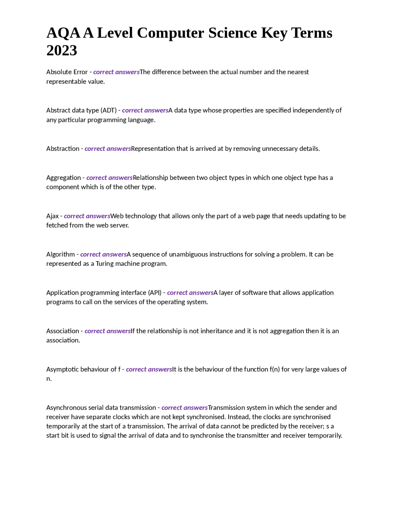 AQA A Level Computer Science Key Terms 2023.docx | Exams Nursing | Docsity